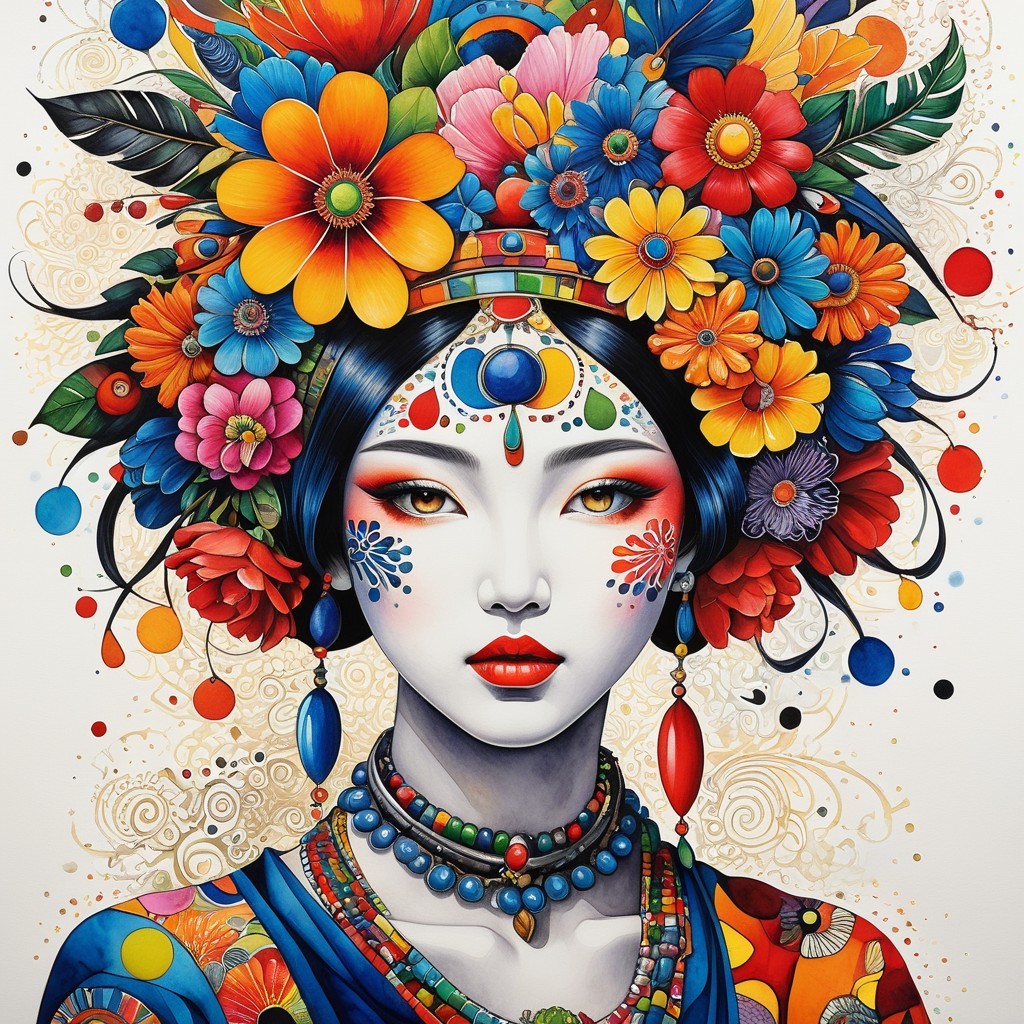 Woman with Colorful Floral Headdress and Bold Makeup