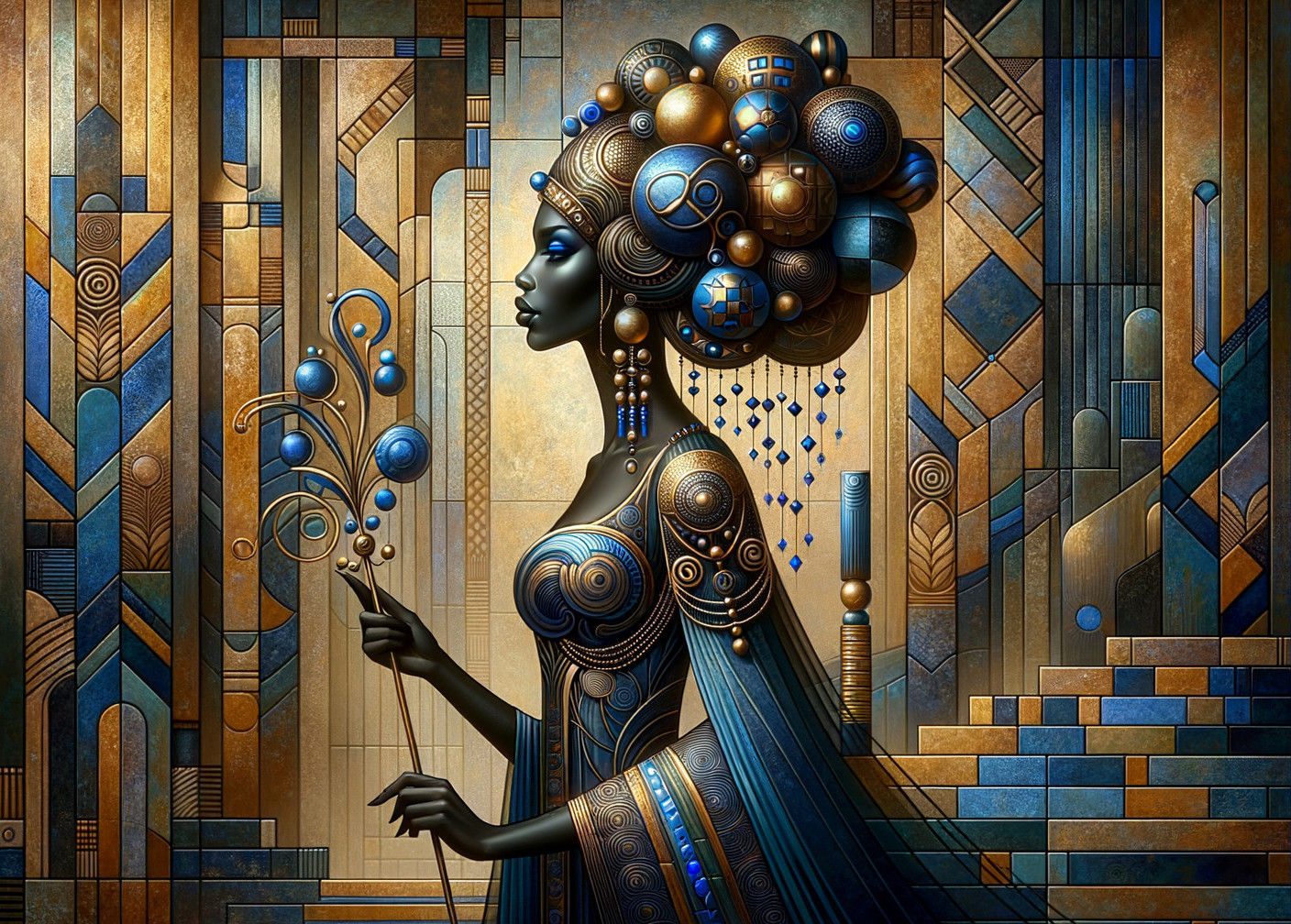 Stylized female figure in blue and gold attire