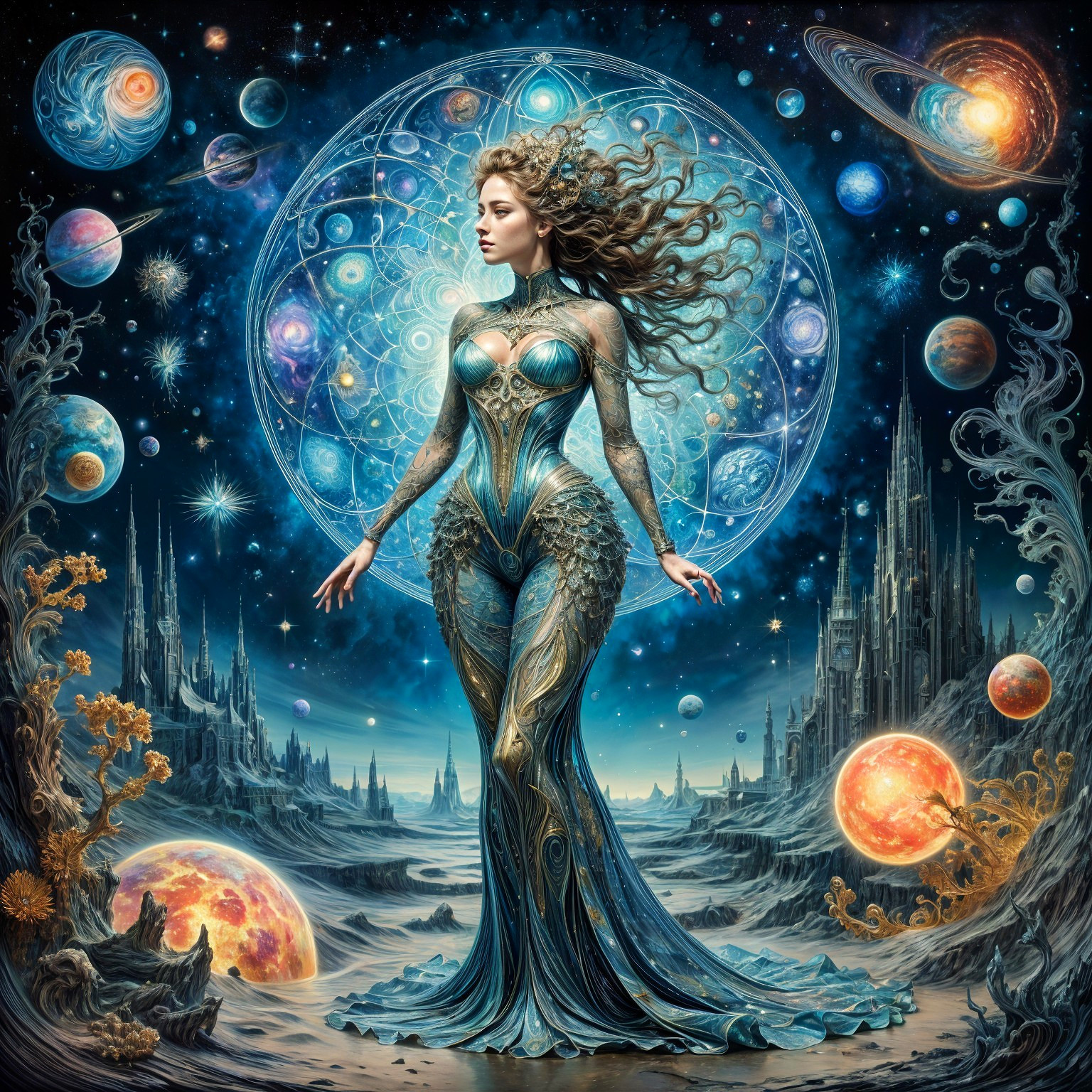 Celestial Figure in a Fantastical Cosmic Landscape