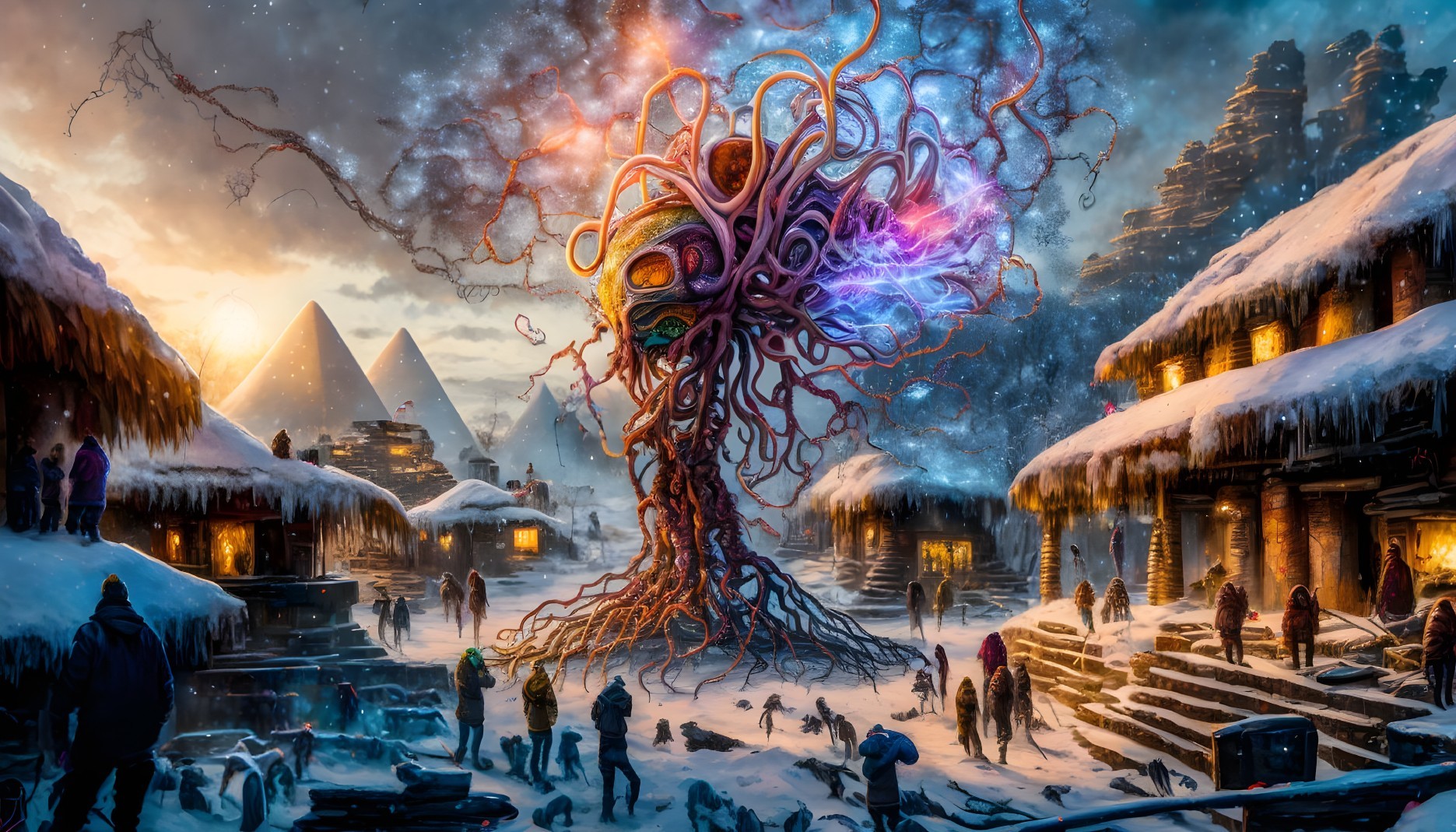 Enchanted Winter Wonderland: Glowing Tree and Pyramids