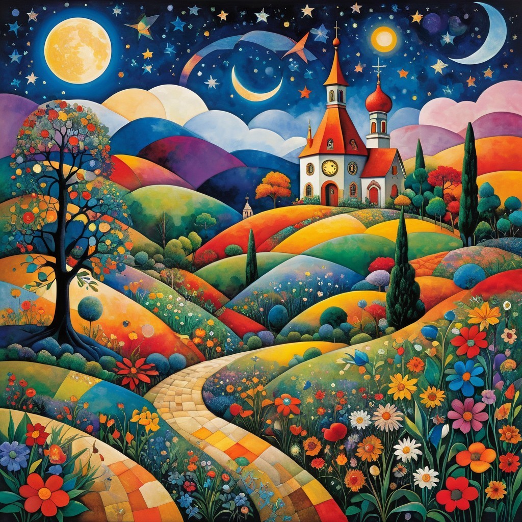 Vibrant Landscape with Flowers and Starry Night Sky