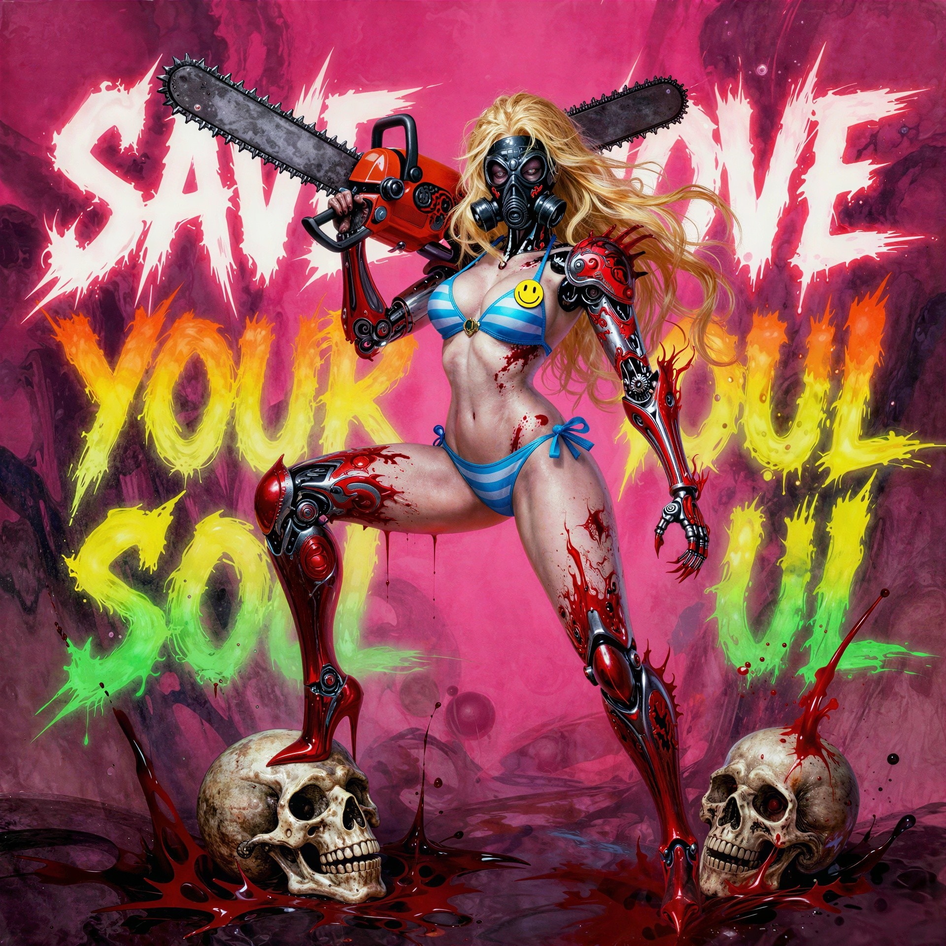 Psychedelic Cyberpunk Horror Art Featuring Cyborg Warrior