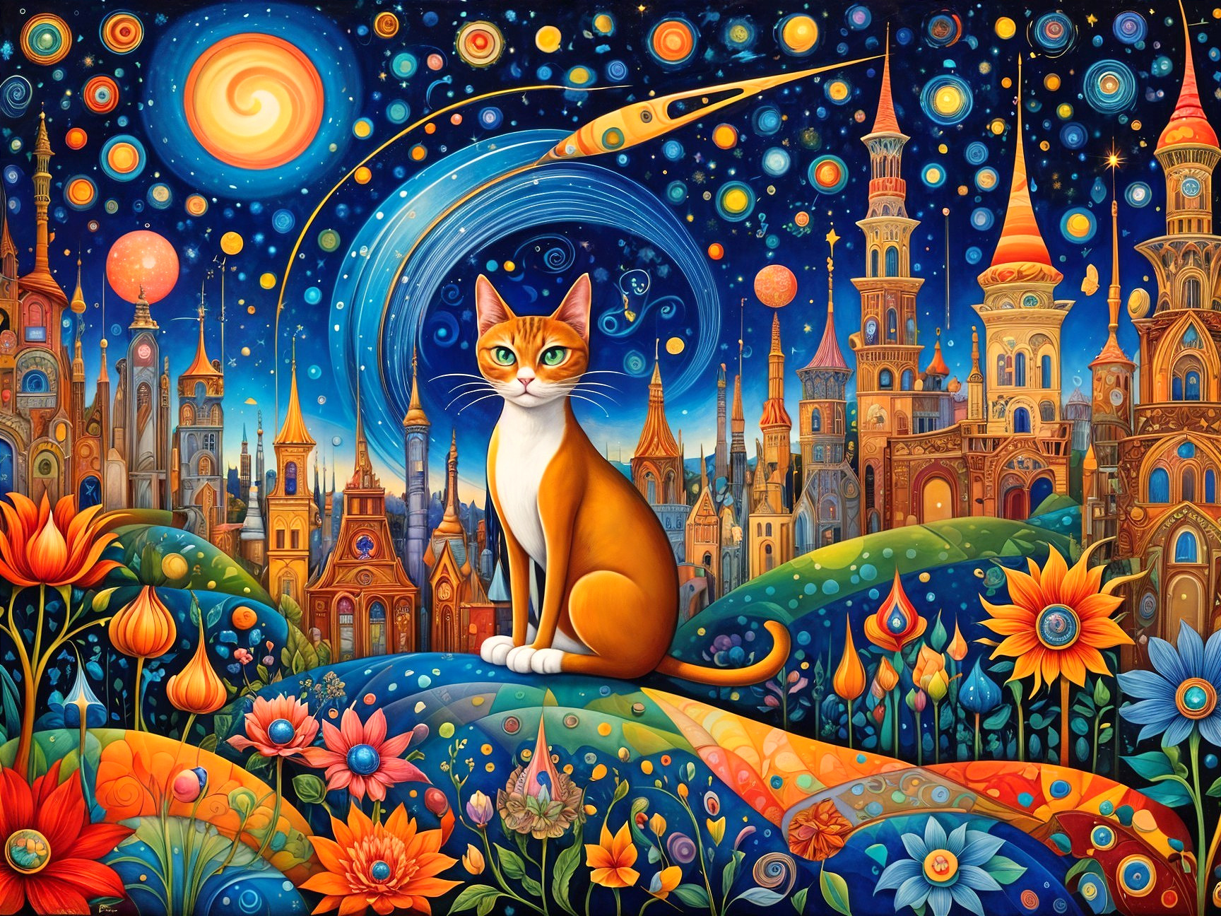 Colorful City Skyline with Cat and Starry Night Sky