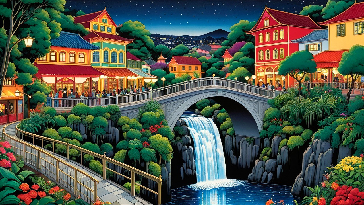 Vibrant Nighttime Village with Colorful Buildings and Lanterns