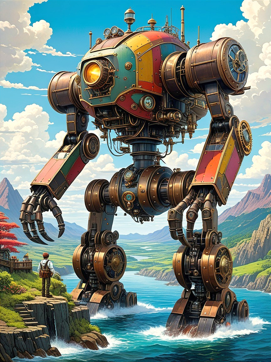 Steampunk Robot by Serene Lake with Mountains