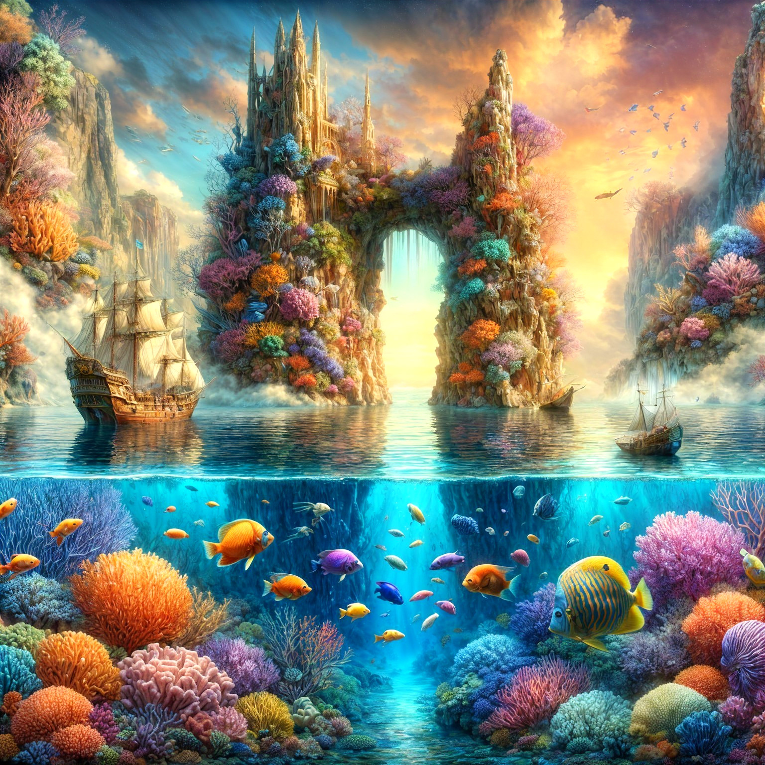 Fantasy Scene with Sunset Castle and Underwater Paradise