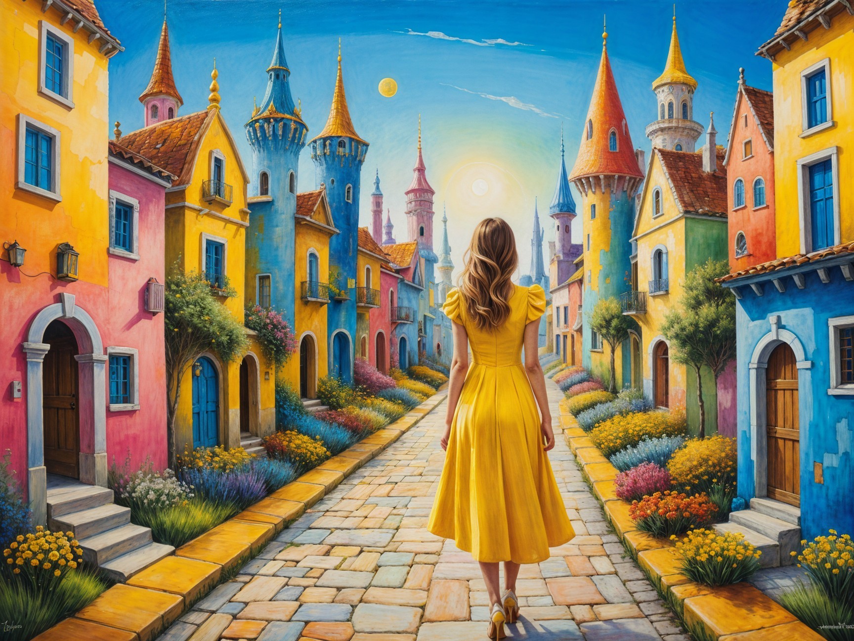 Whimsical Street Scene with Colorful Houses and Two Suns