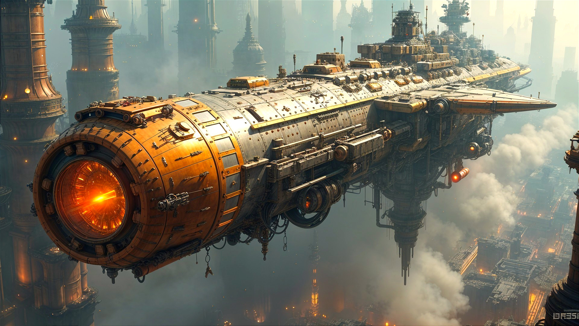 Intricately Designed Spaceship Over Futuristic City