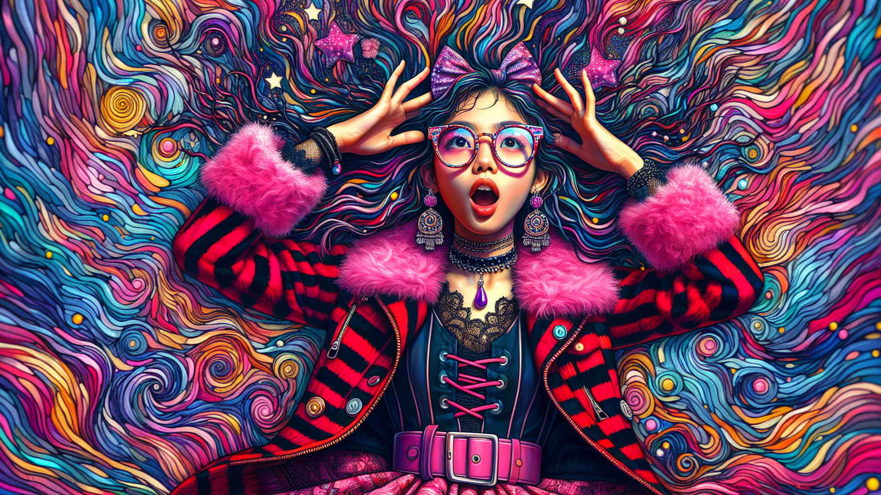 Vibrant Illustration of Girl with Colorful Hair and Patterns