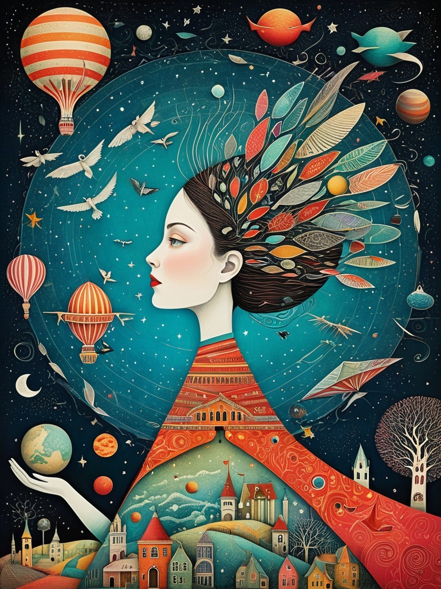 Whimsical Illustrated Woman with Cosmic Background