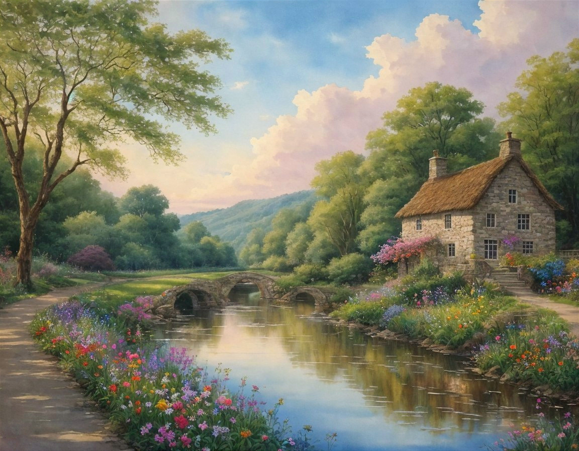 Quaint Cottage by Tranquil River in Serene Landscape