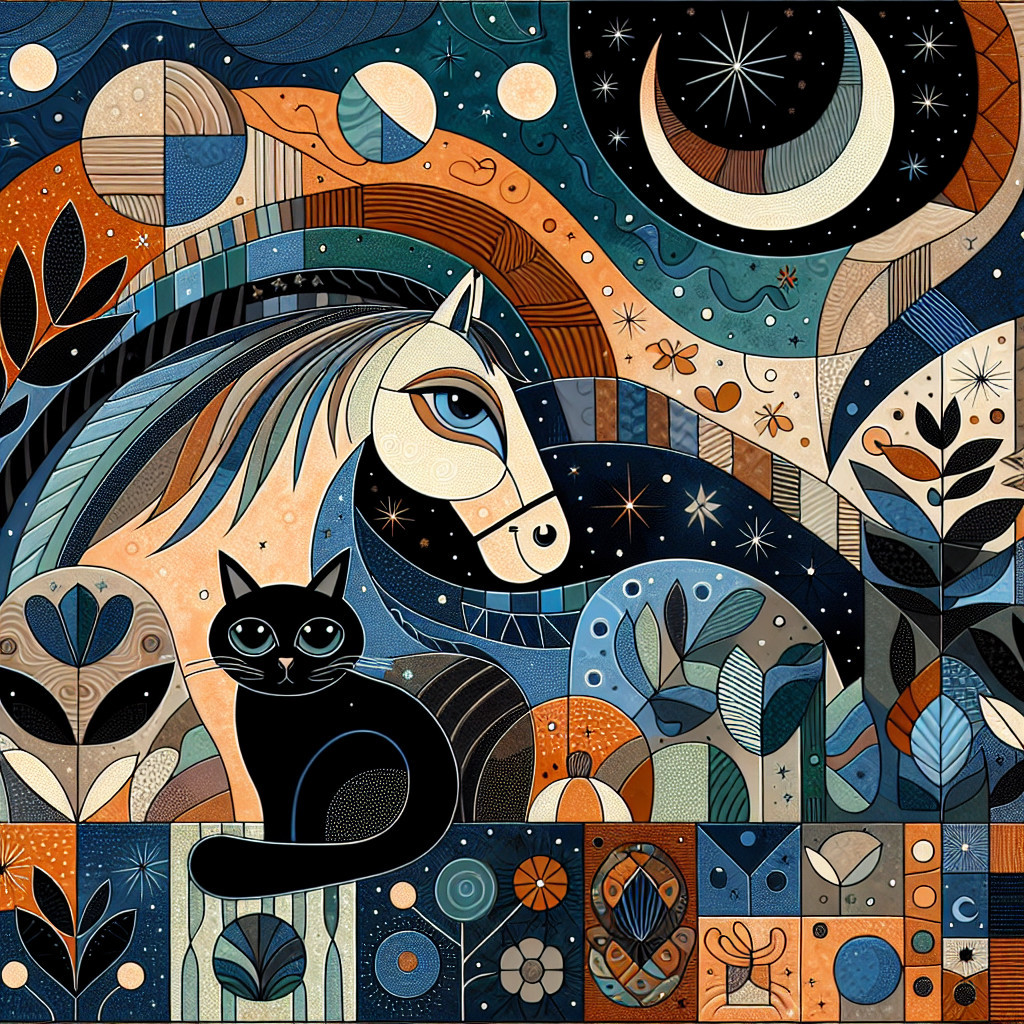 Abstract Illustration of a Horse and Cat in Night Sky