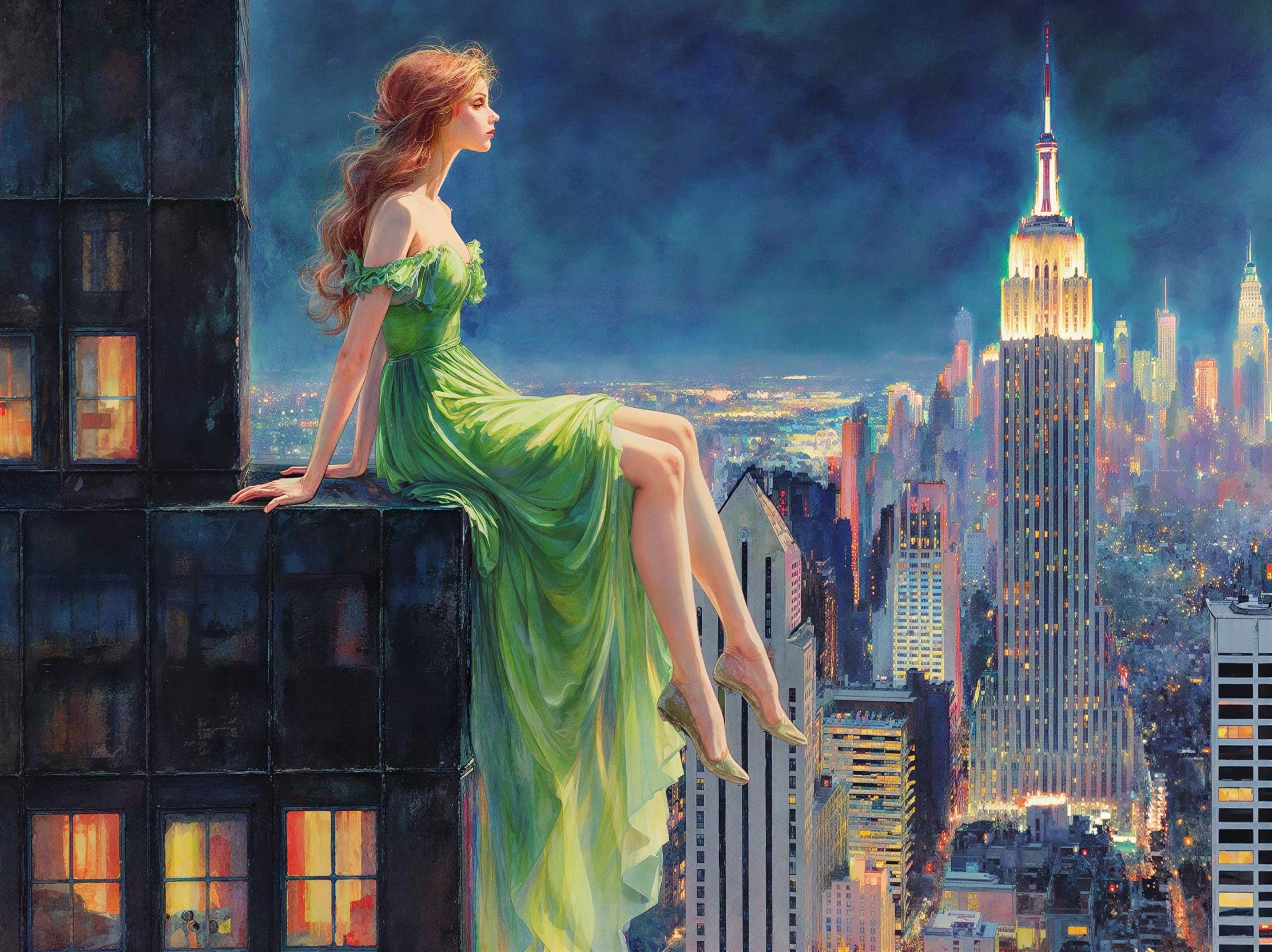 Profile of a Woman in Light Green Dress on a Building