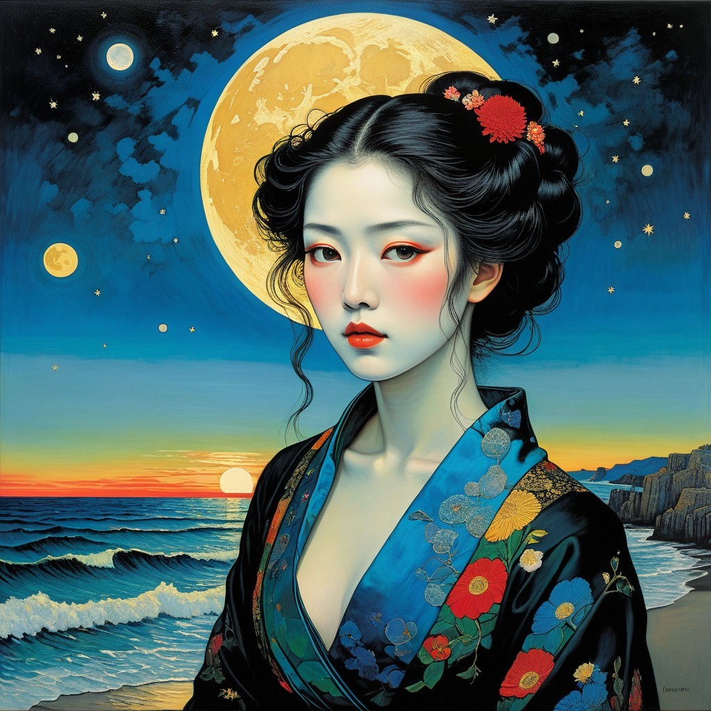 Portrait of a Young Woman in a Floral Kimono at Sunset