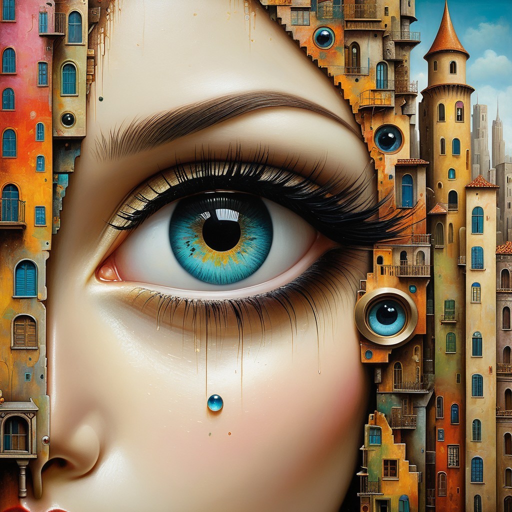 Surreal Cityscape with Eye and Colorful Architecture