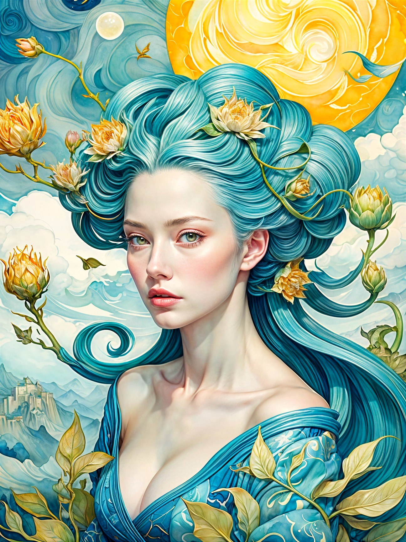 Portrait of a Woman with Blue Hair and Lotus Flowers