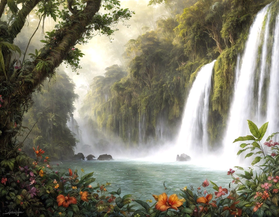 Cascading Waterfalls in Lush Green Landscape