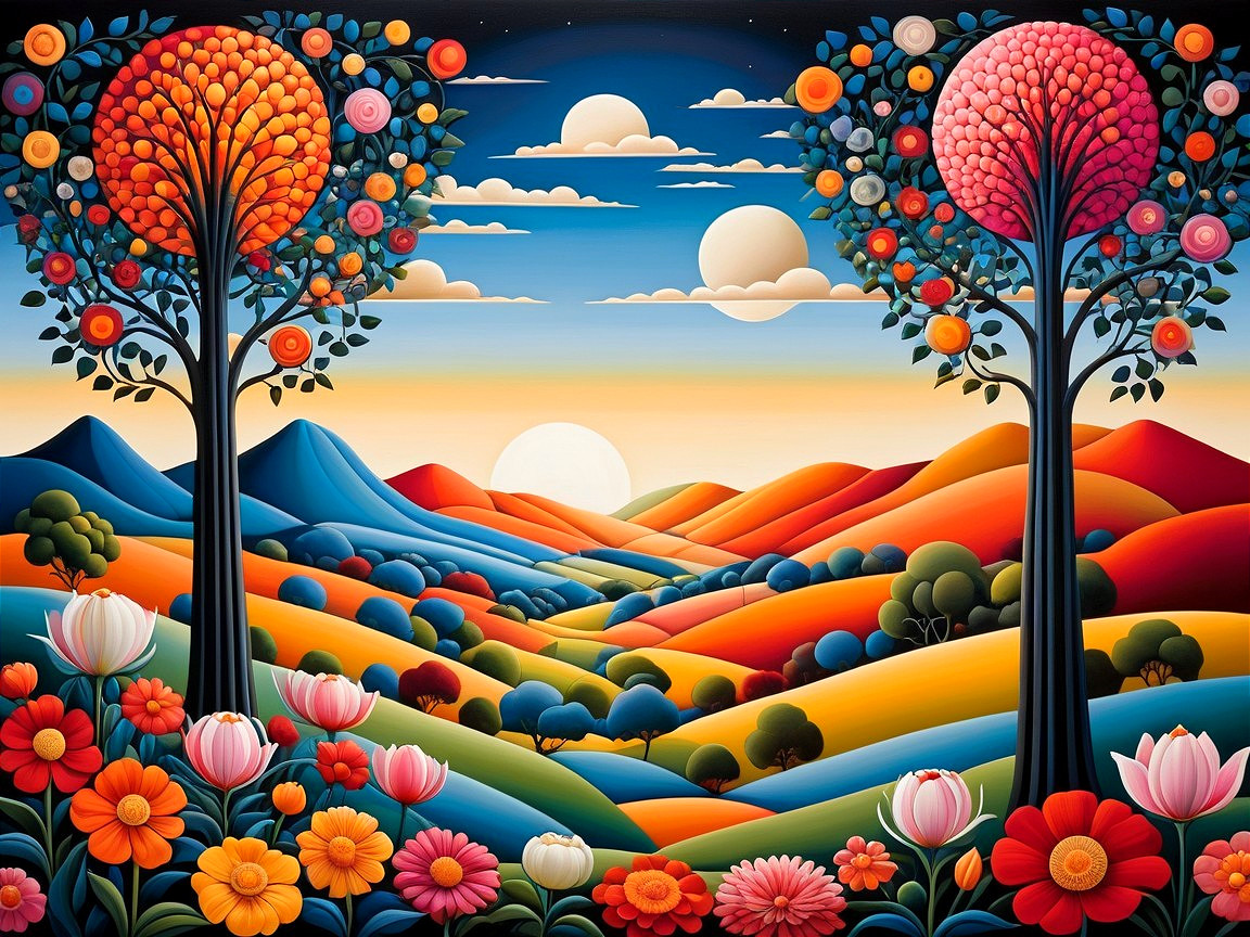 Vibrant Landscape with Colorful Trees and Flowers