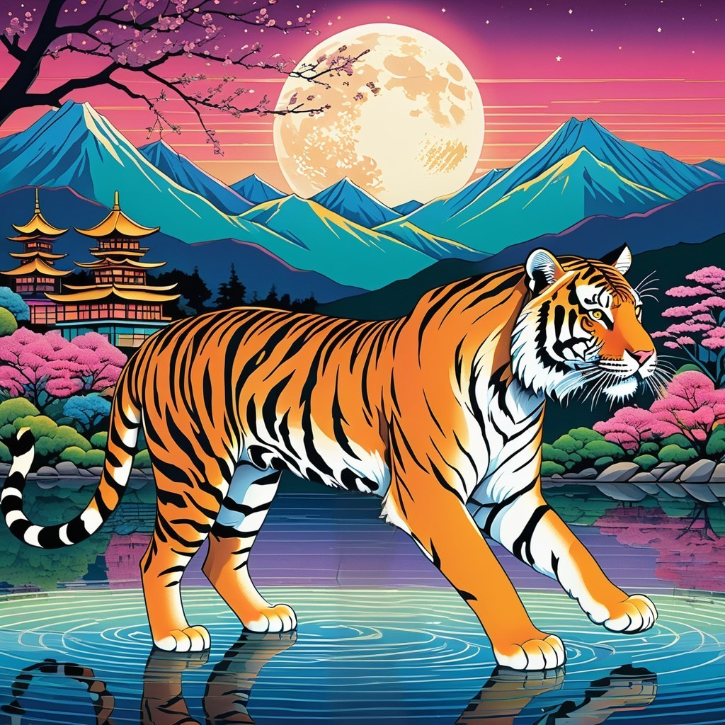 Vibrant Tiger in Tranquil Water with Mountains and Moon