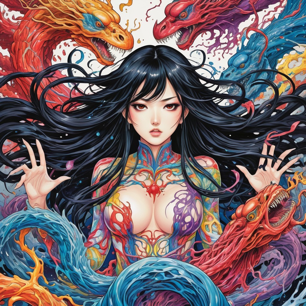 Mystical Woman Surrounded by Colorful Dragons