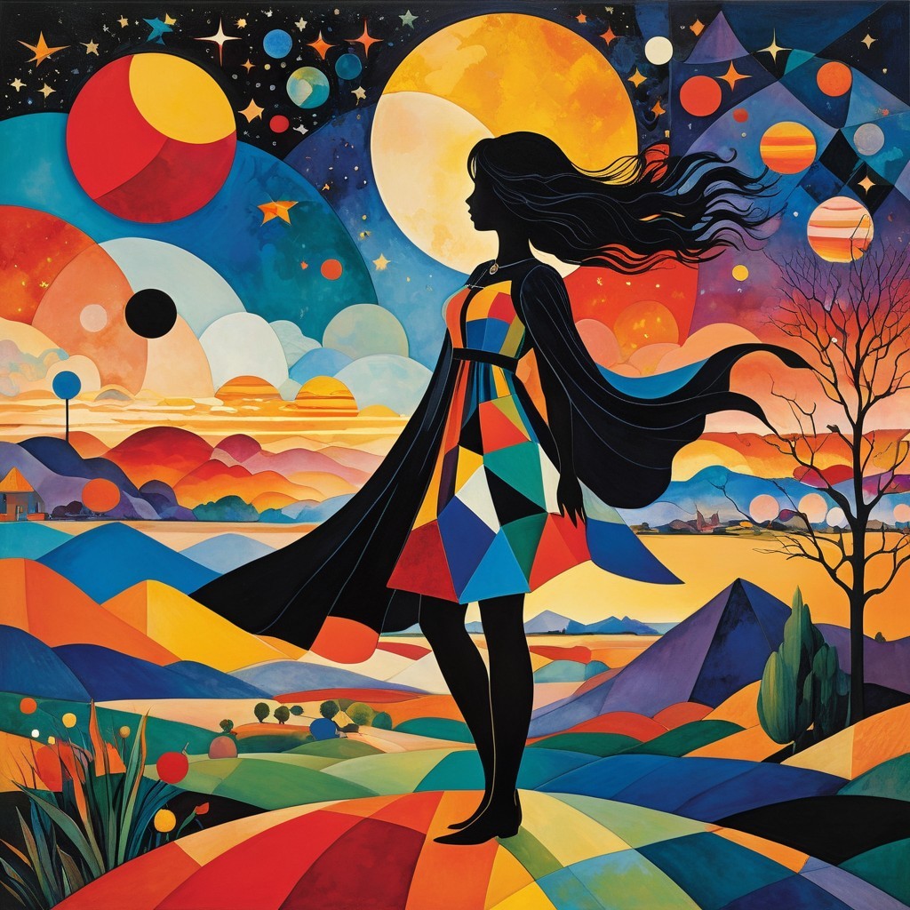 Surreal Landscape with Silhouetted Figure and Celestial Bodies