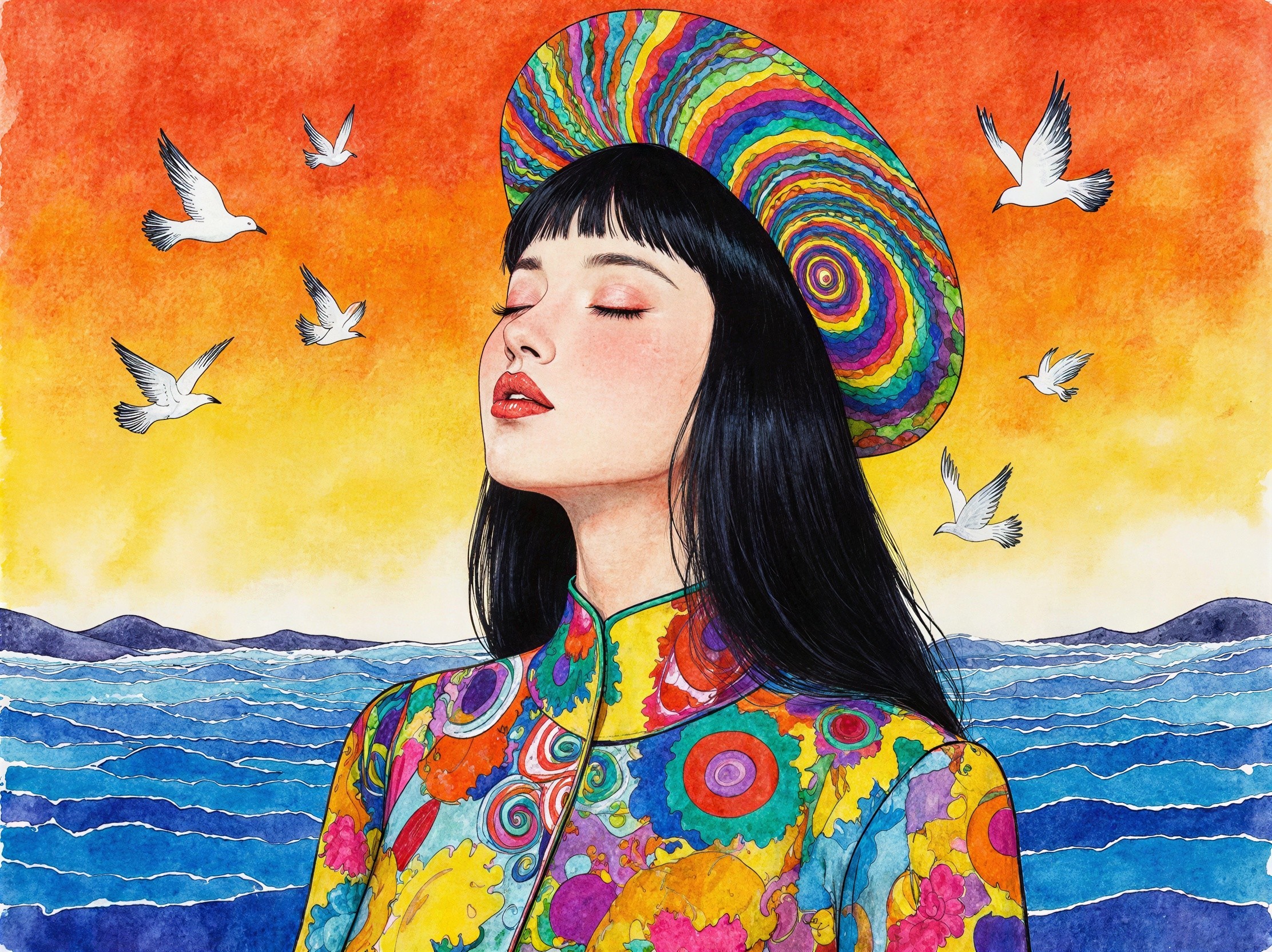 Watercolor Portrait of Woman in Colorful Ao Dai