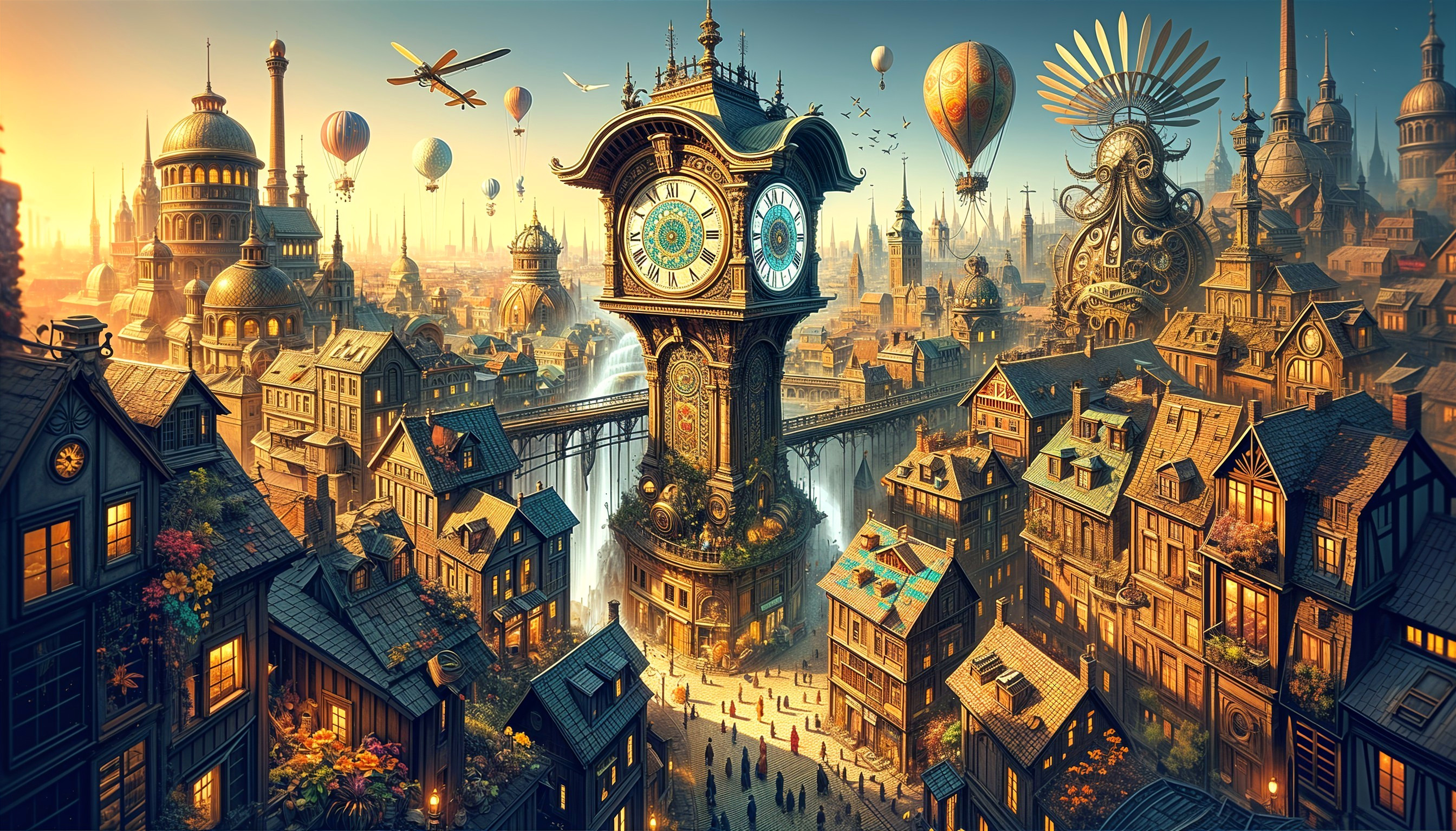 Vibrant Steampunk Cityscape with Clock Towers and Balloons
