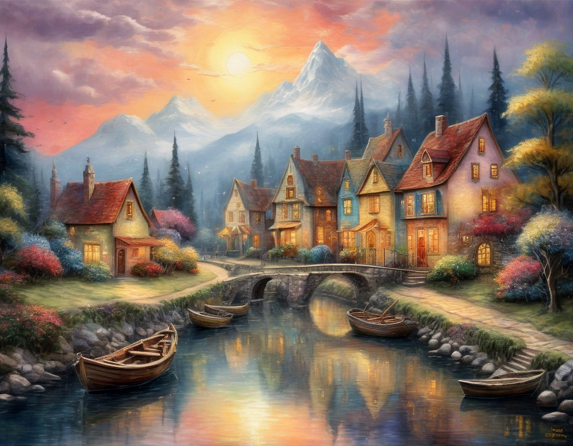 Serene Village Scene with Cottages and River View