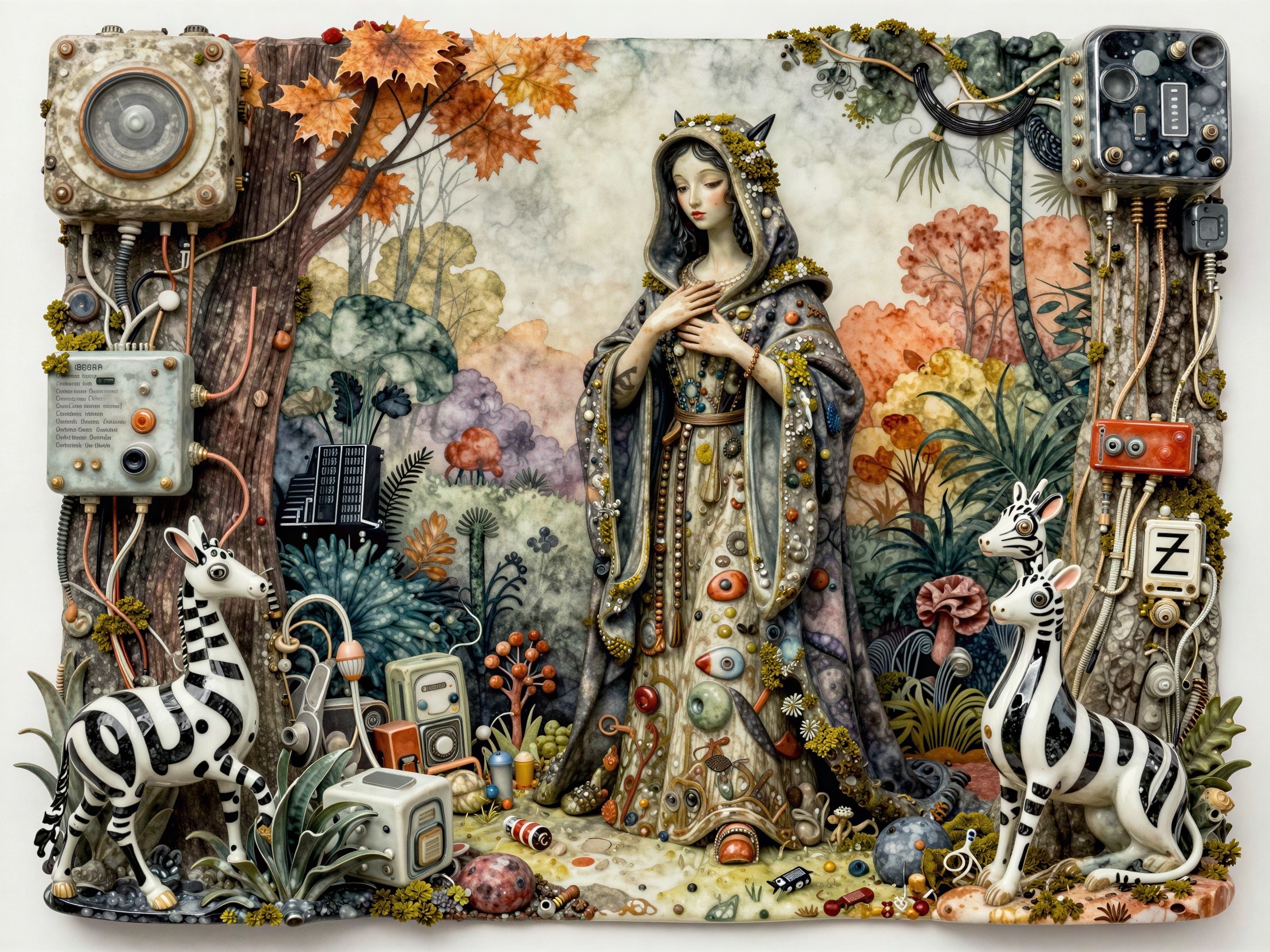 Symmetrical Artwork of Regal Woman in Vibrant Forest