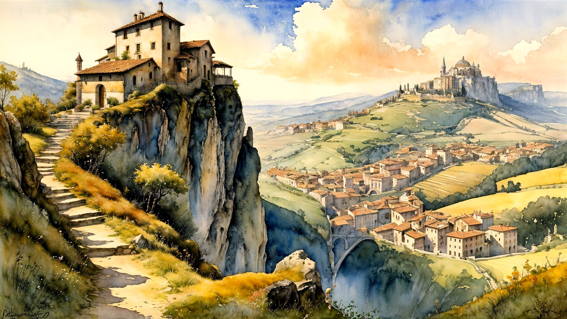 Watercolor Landscape with Cliffside Path and Castle