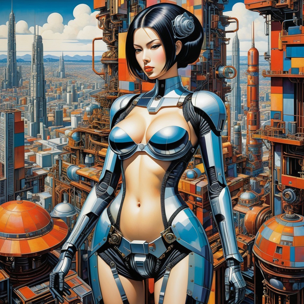 Humanoid Robot in Futuristic Cityscape with Machinery