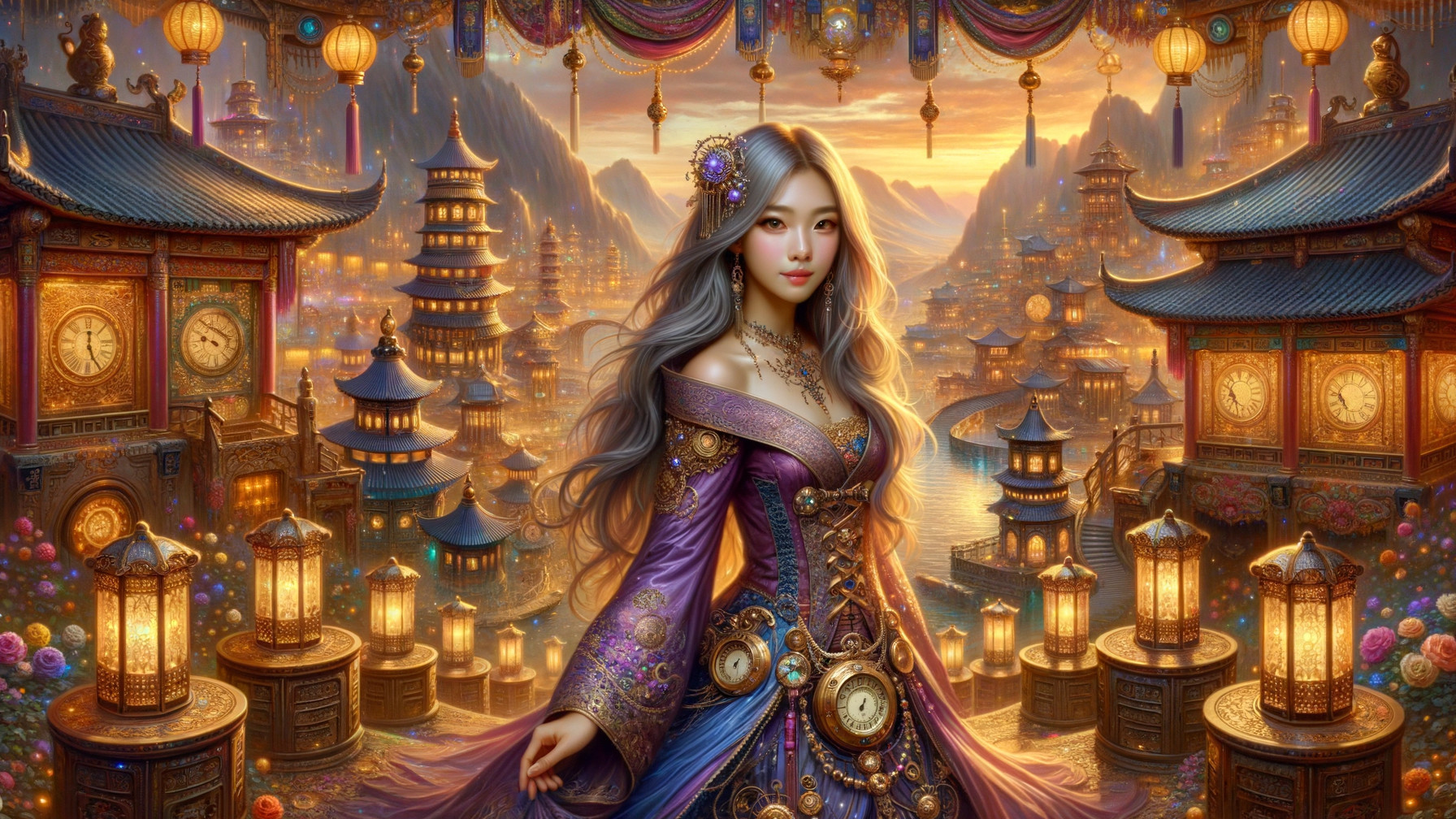 Mystical Figure in Ancient City at Sunset