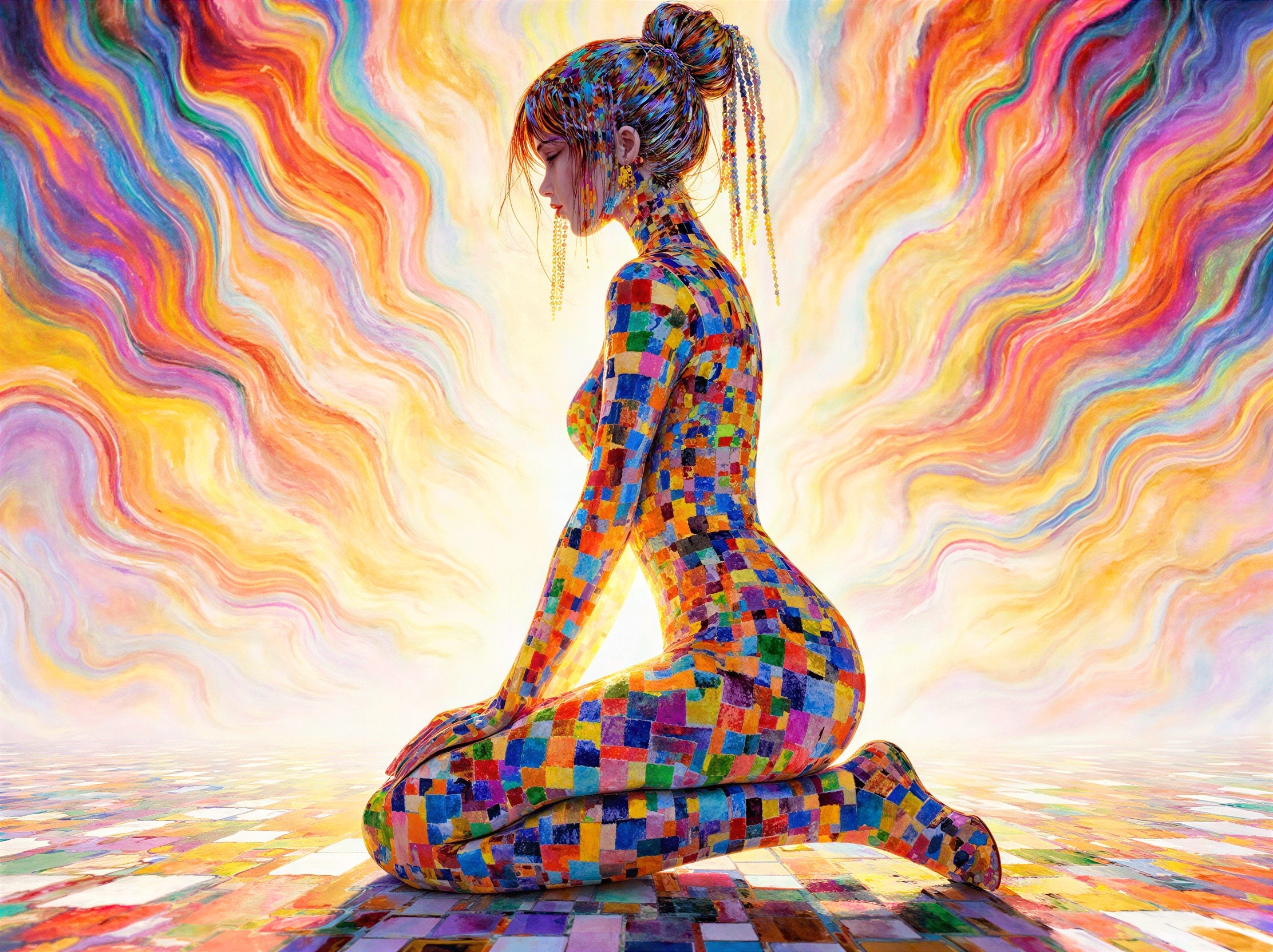 Colorful Mosaic Painting of a Female Figure Kneeling