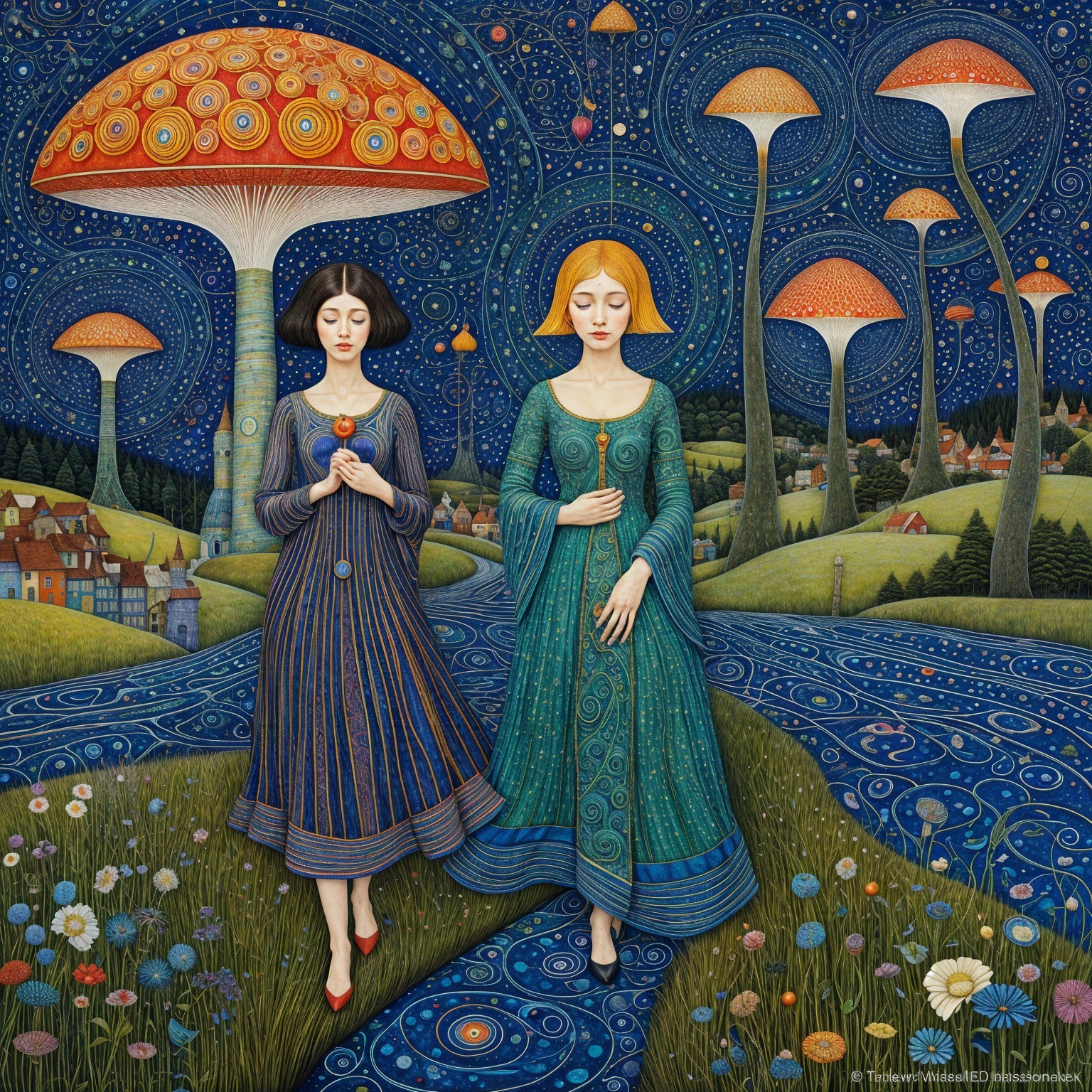 Women in Elegant Dresses by a Whimsical River Scene