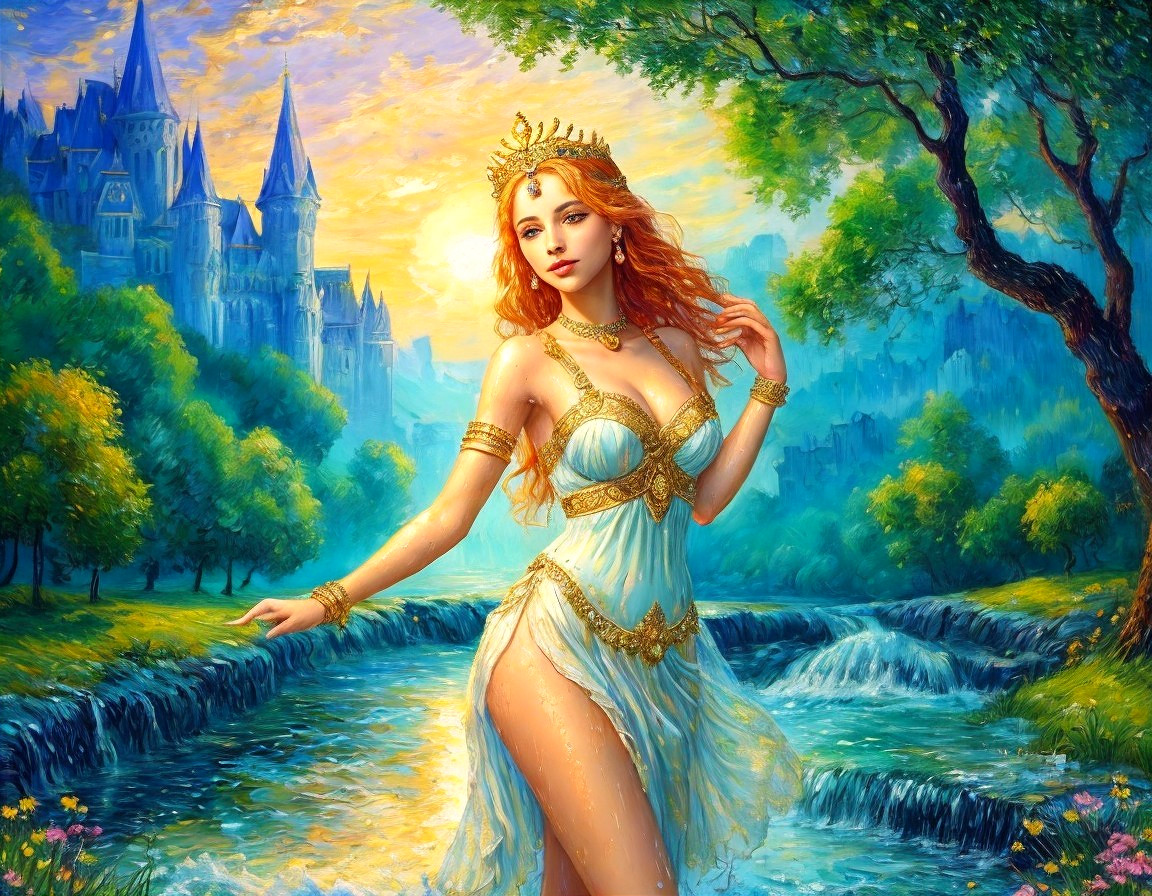 Mythical figure by a shimmering stream and castle