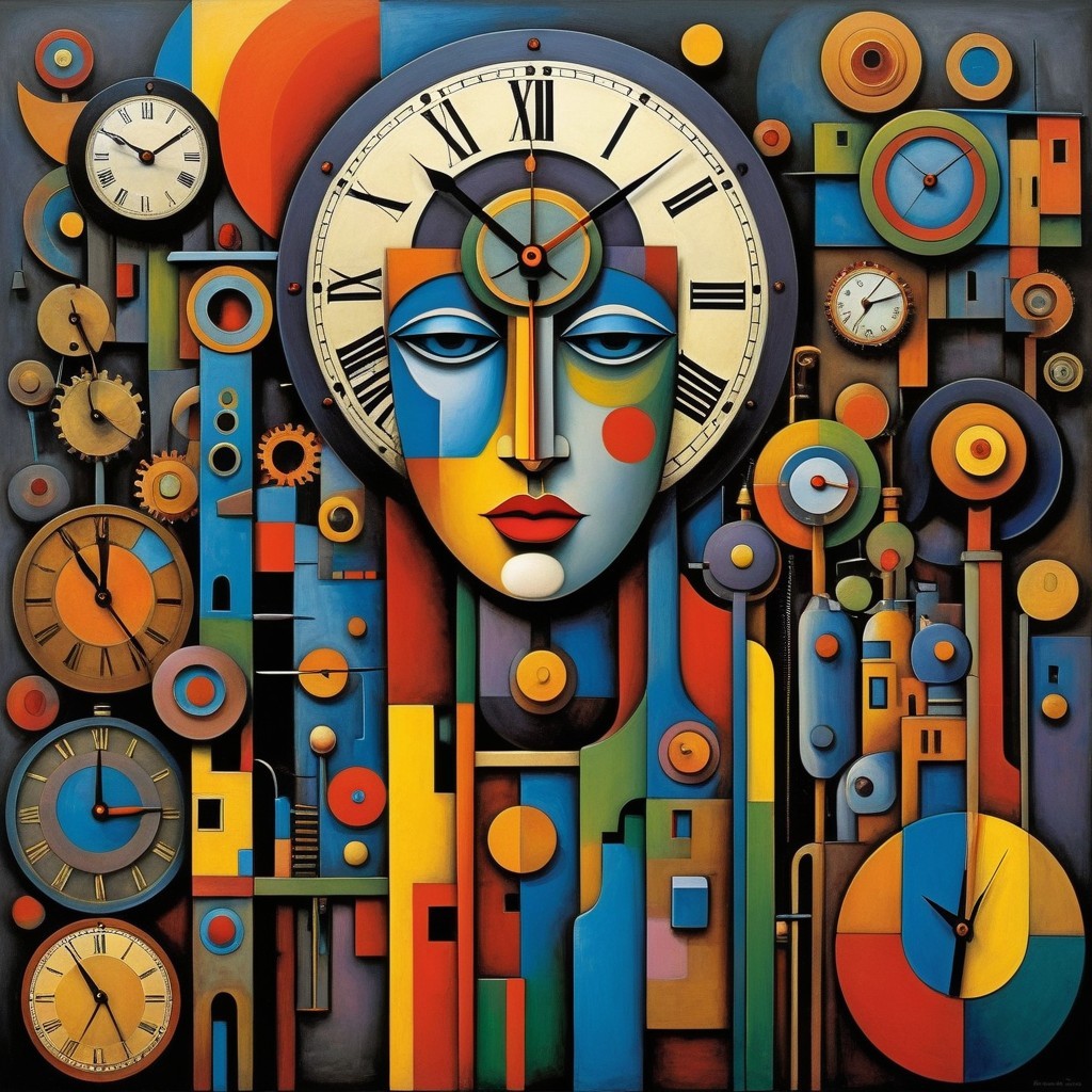 Stylized Human Face with Geometric Shapes and Clocks