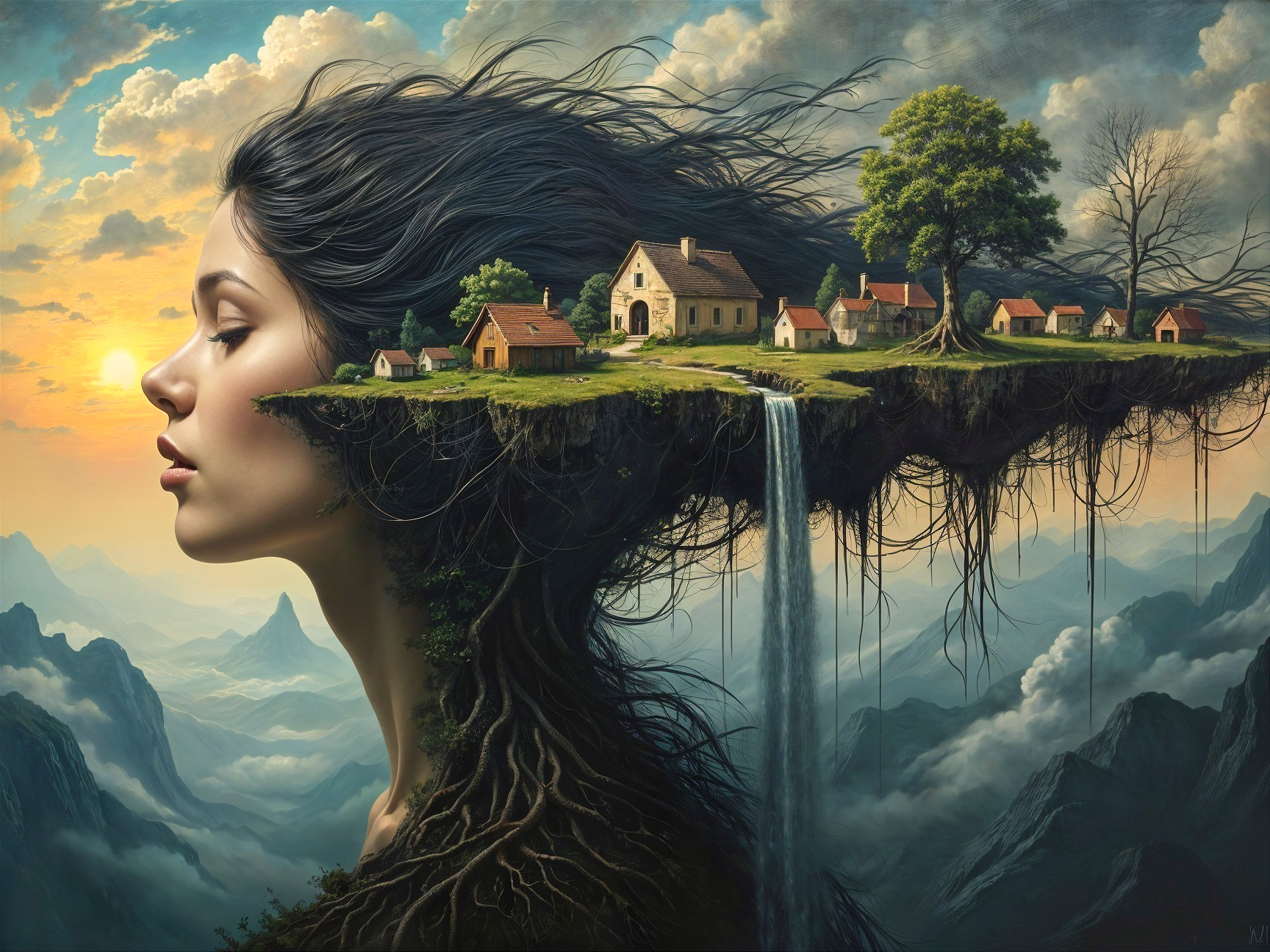 Surreal Landscape Merging Woman's Profile with Nature