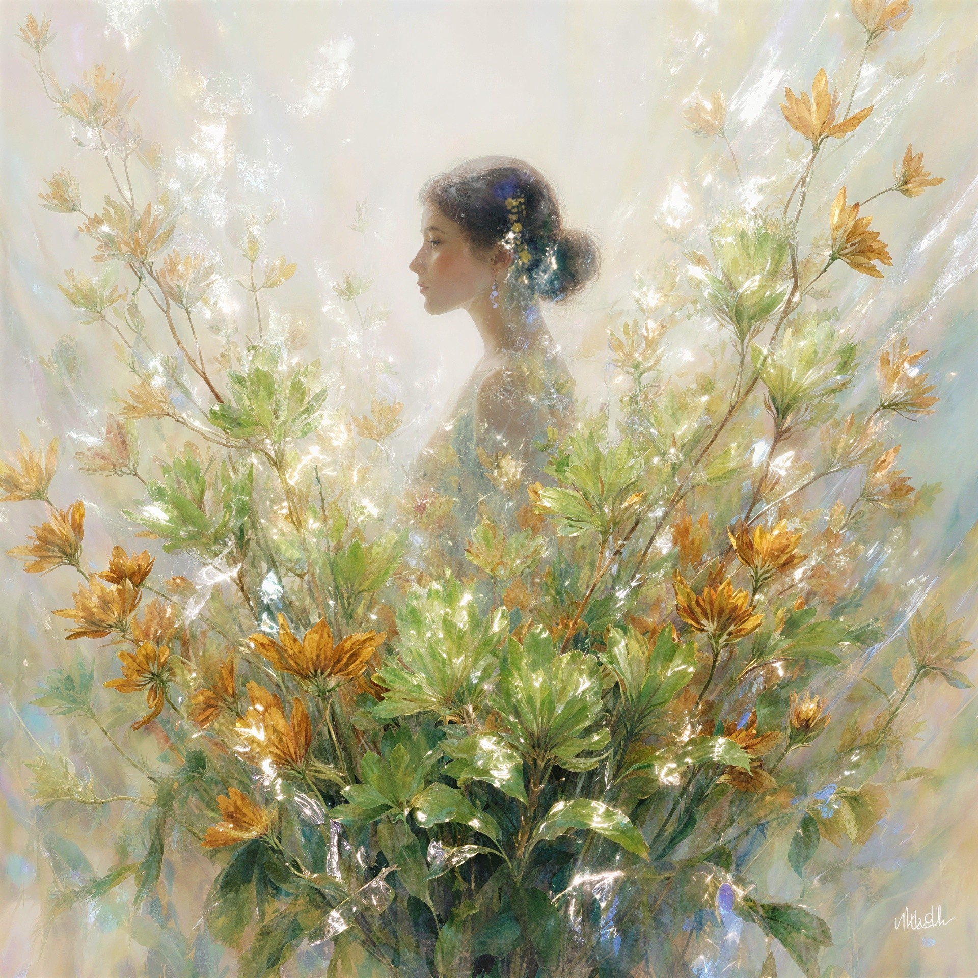 Soft Focus Painting of Asian Woman with Floral Bouquet
