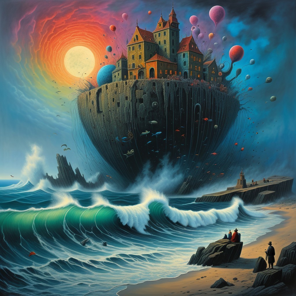 Floating Castle on Rocky Island with Vibrant Balloons