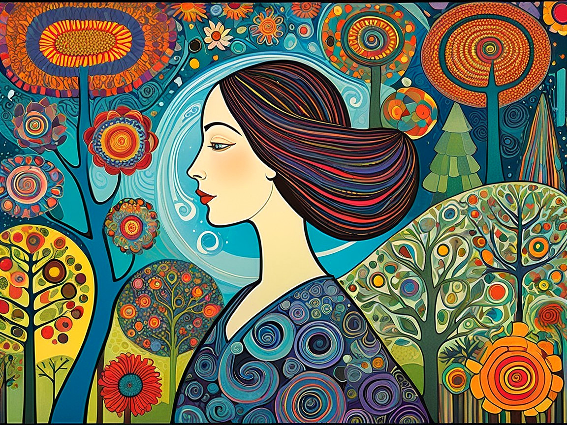 Whimsical Artwork of Woman Amidst Colorful Nature