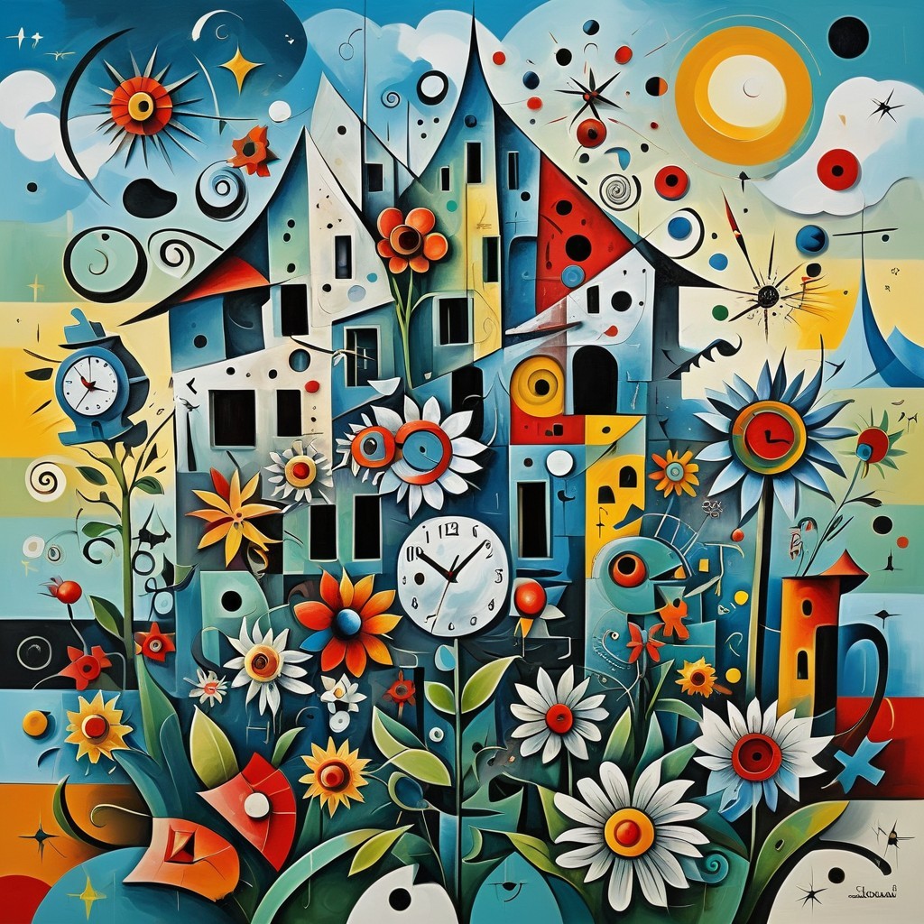 Abstract House Surrounded by Colorful Flowers and Sunlight