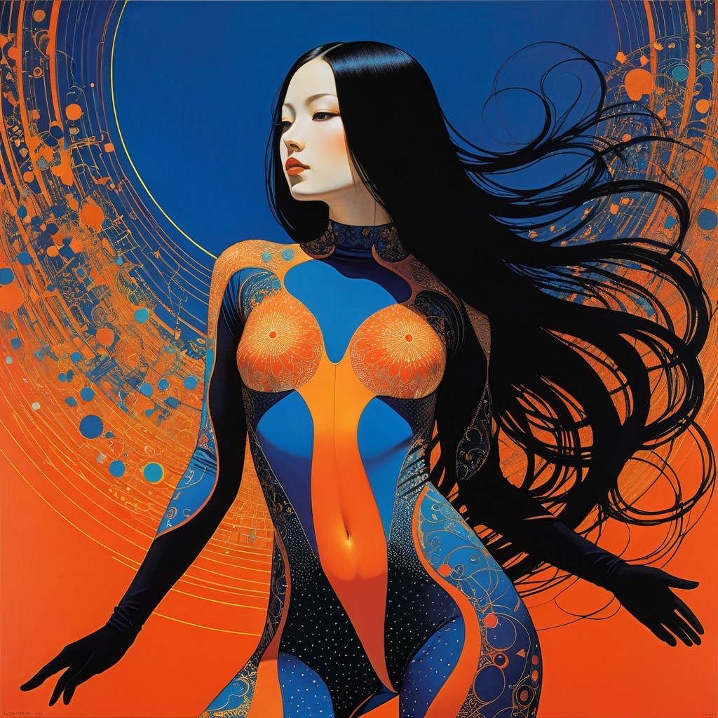 Artwork of a woman with long black hair in vibrant colors