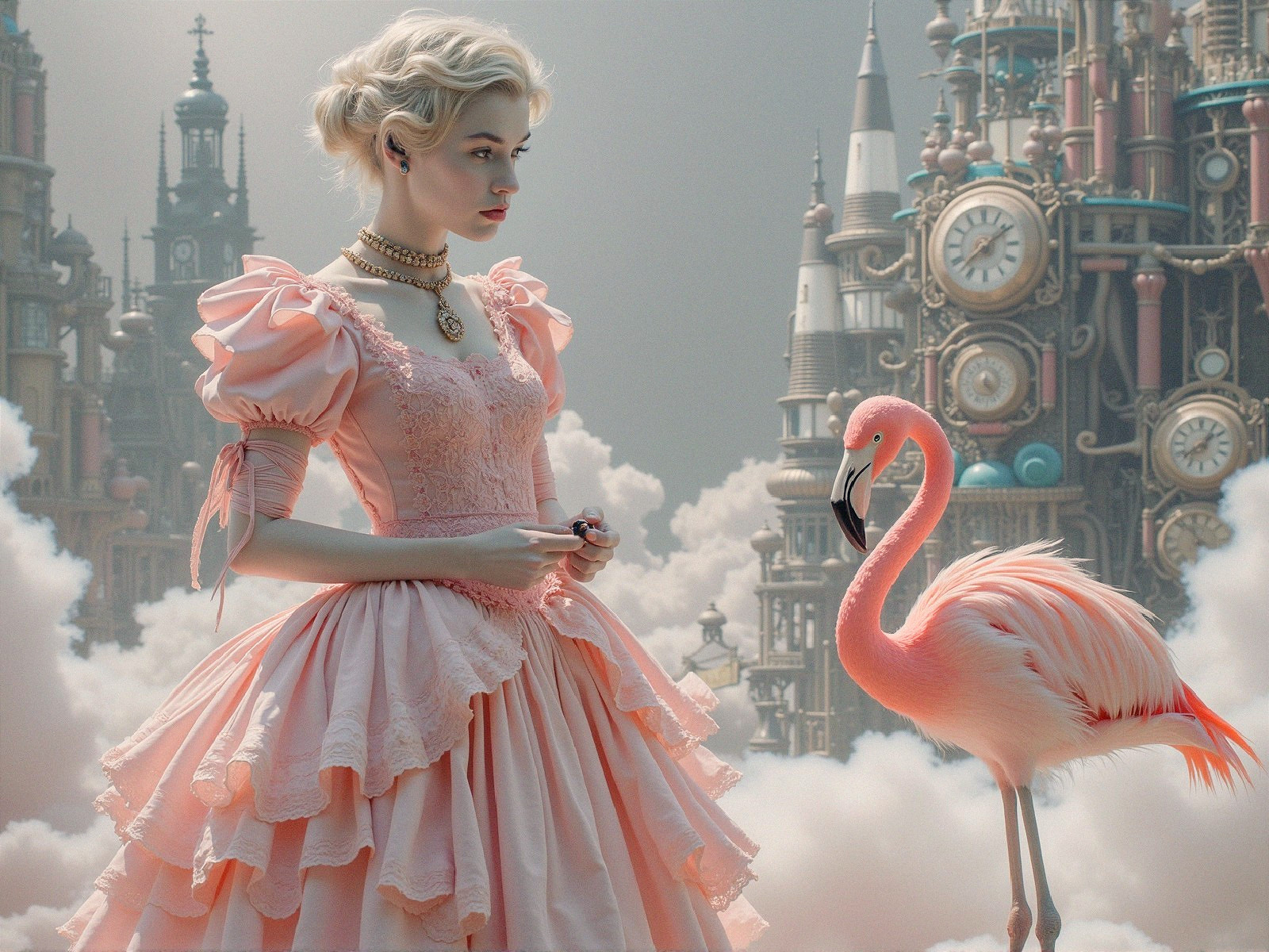 Young woman in pink gown among clouds and structures