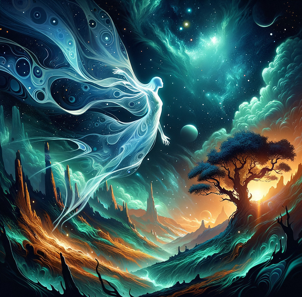 Ethereal Figure in Cosmic Landscape with Mountains and Tree