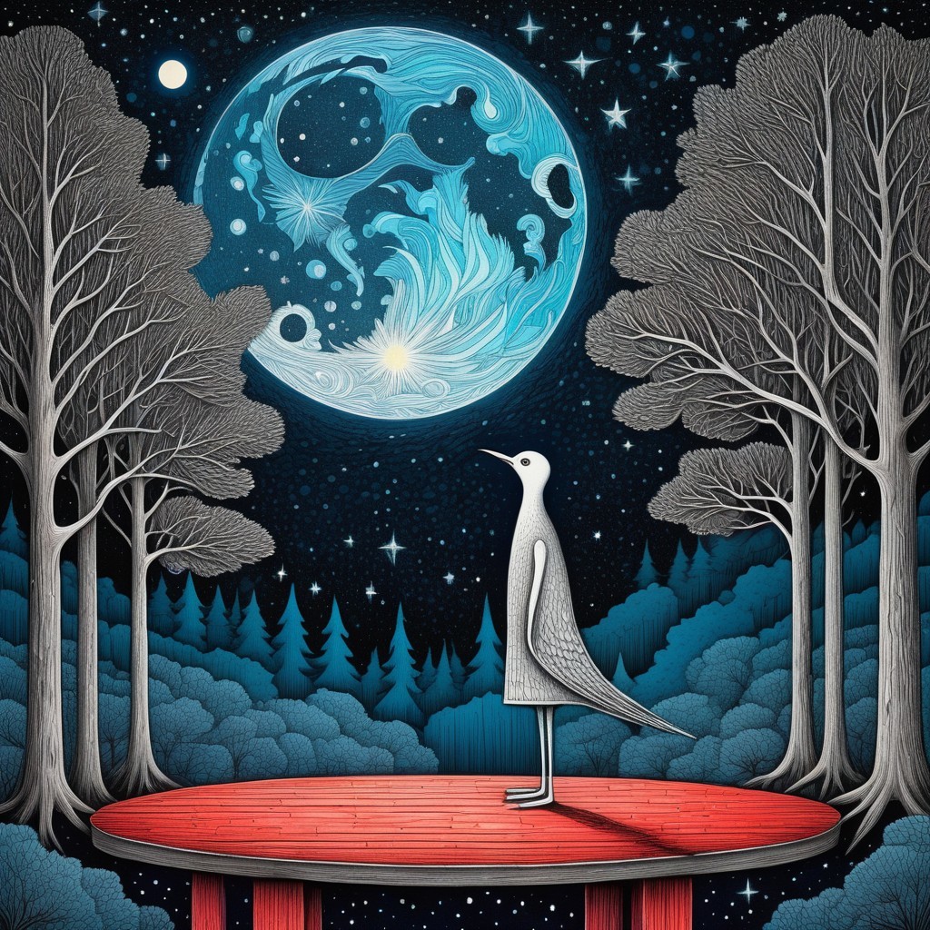 Stylized bird on red platform under luminous moon