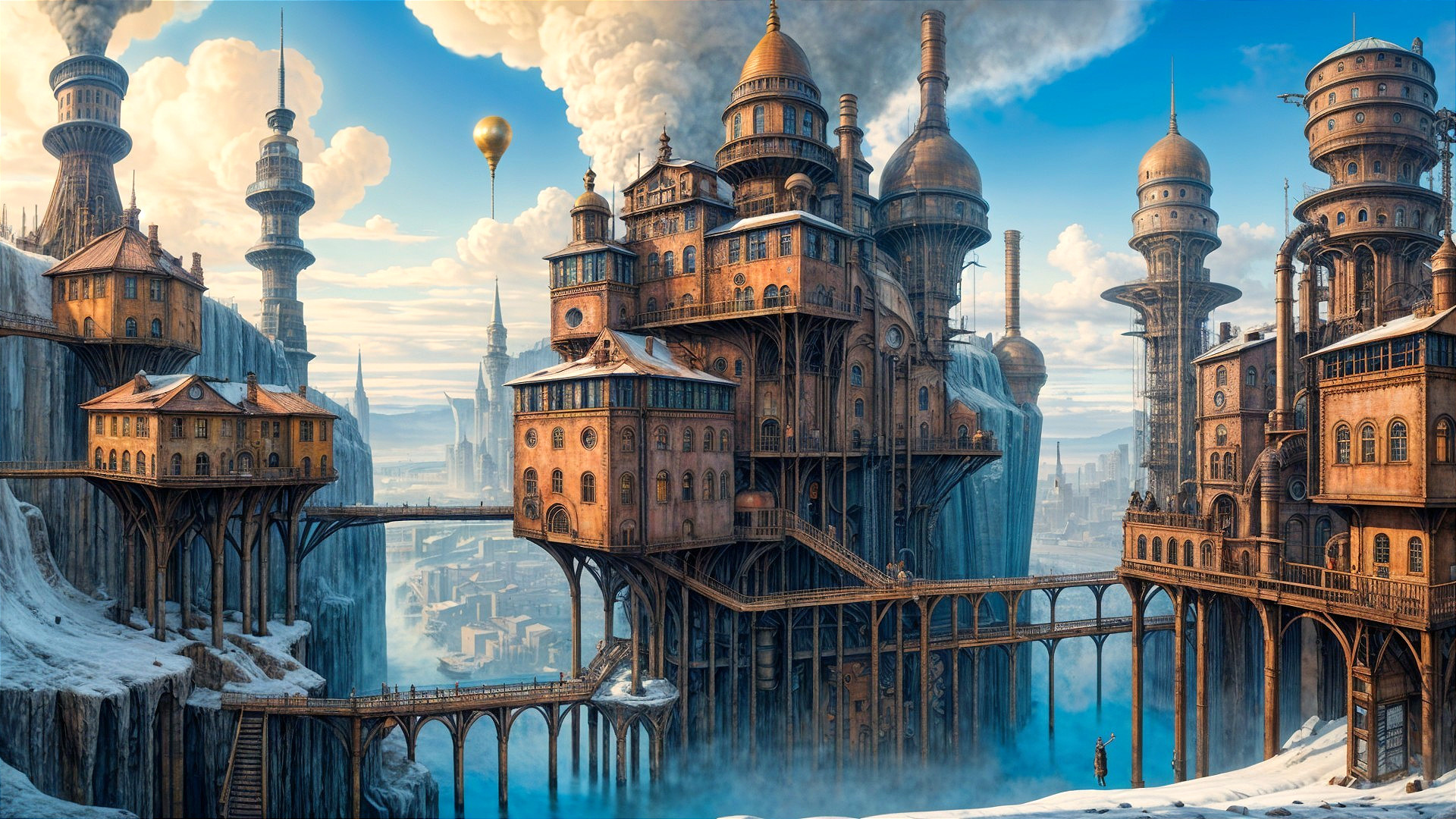 Fantastical Cityscape with Steampunk Architecture