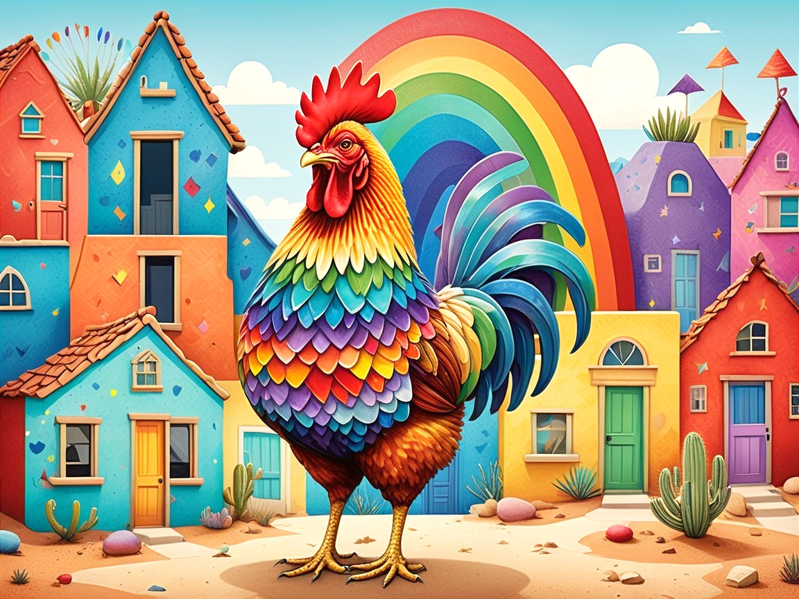 Vibrant Rooster with Colorful Village and Rainbow Background