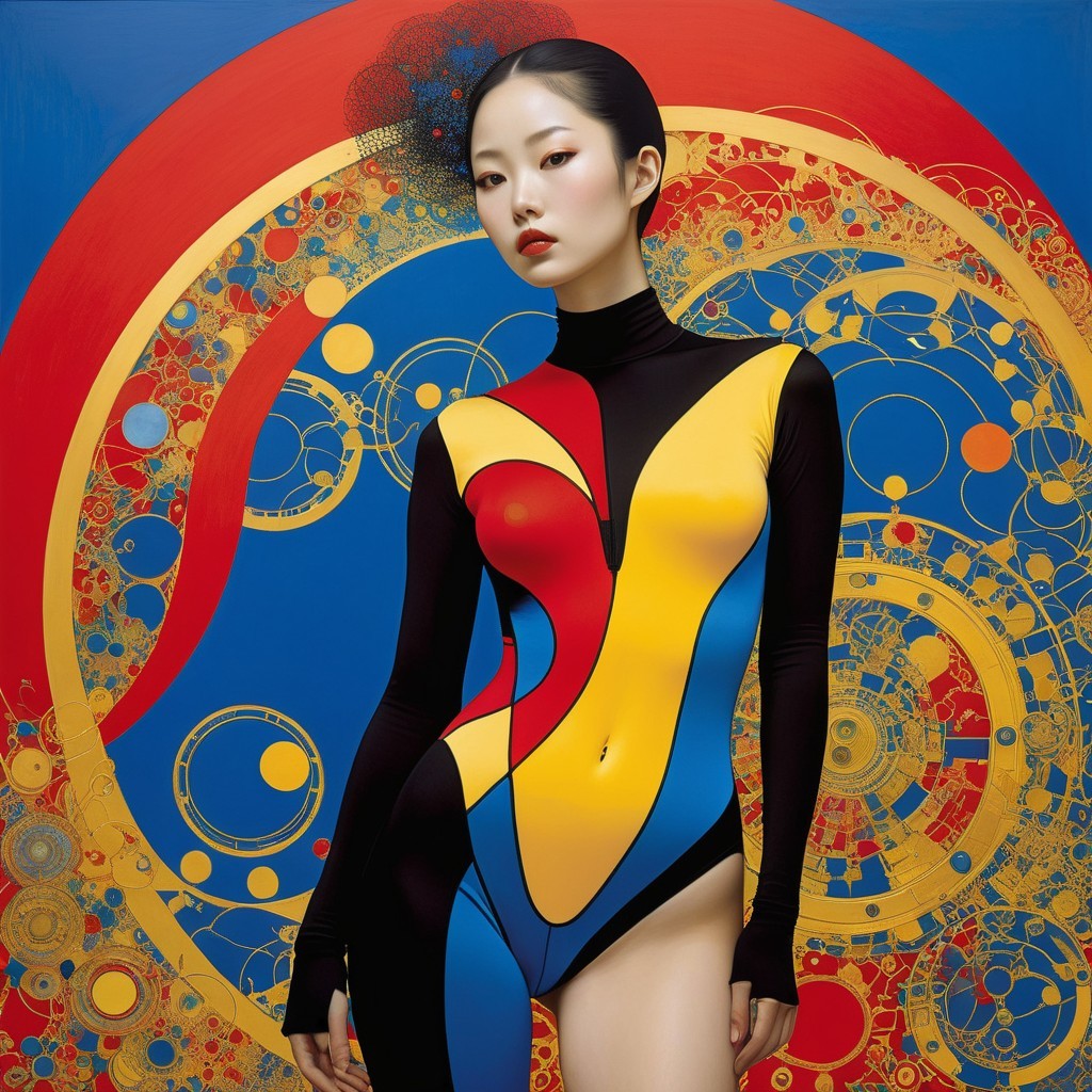 Model in Vibrant Bodysuit Against Colorful Backdrop