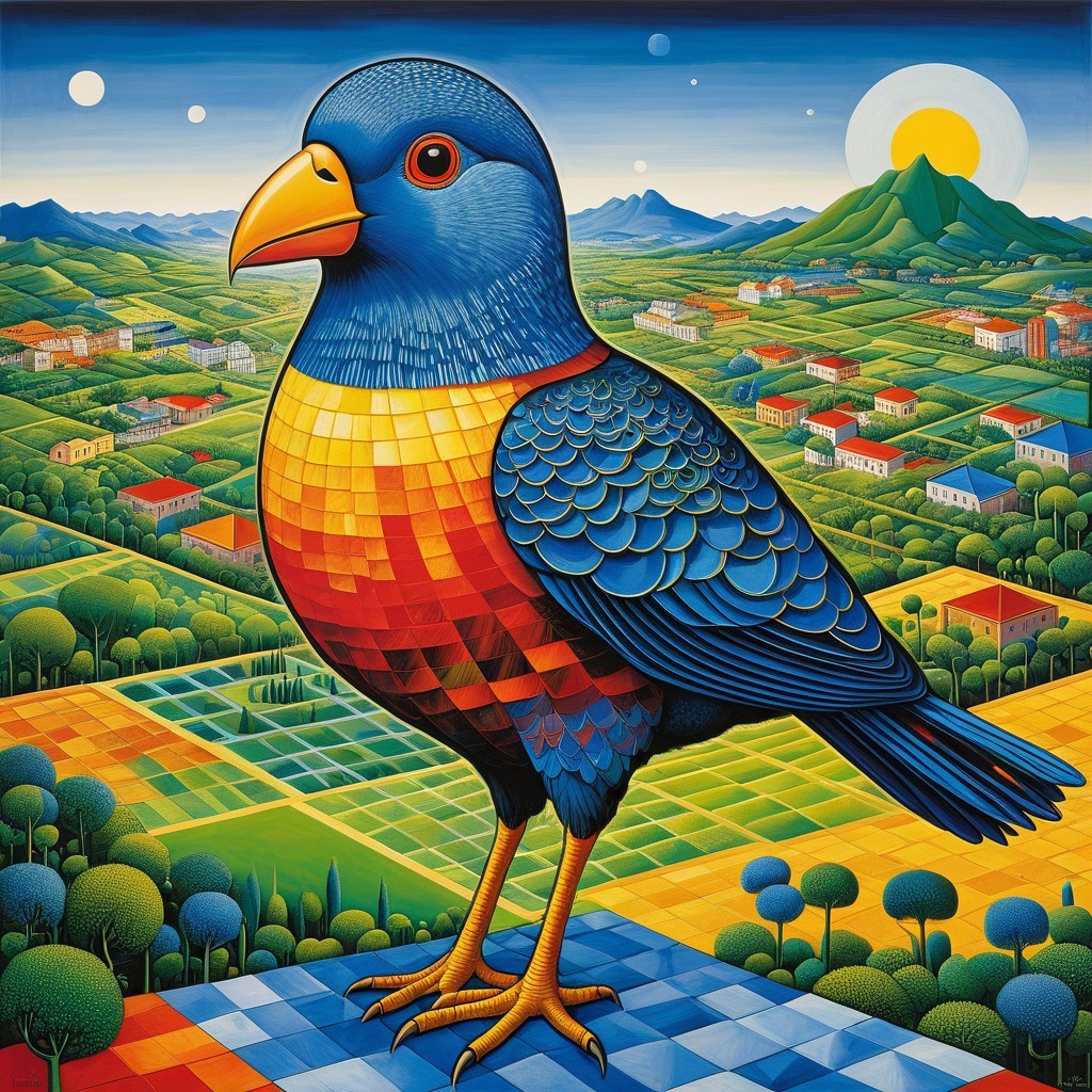 Vibrant Bird in Colorful Whimsical Landscape