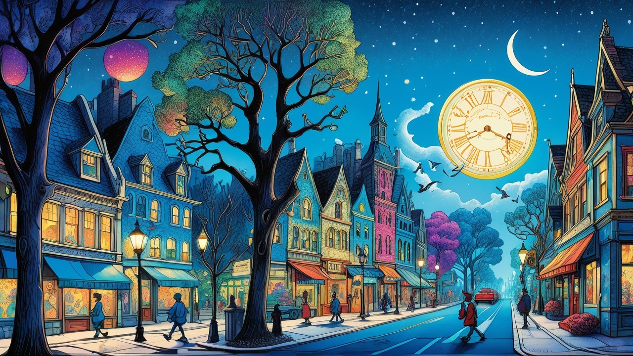 Whimsical Night Scene with Colorful Houses and Moon